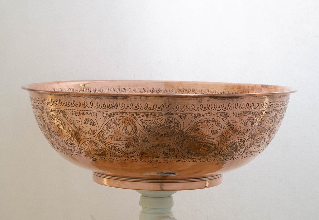 Handcrafted Engraved Round Solid Copper Sink - Small Bathroom Vessel Vanity