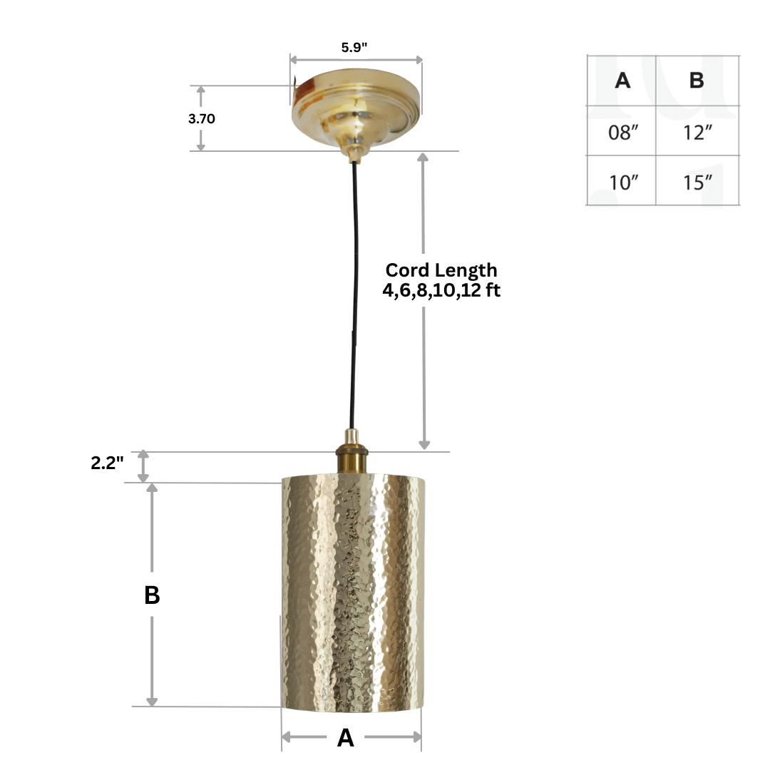 Handcrafted Hammered Brass Cylinder Pendant Light | Modern Tube Lamp - Insideast
