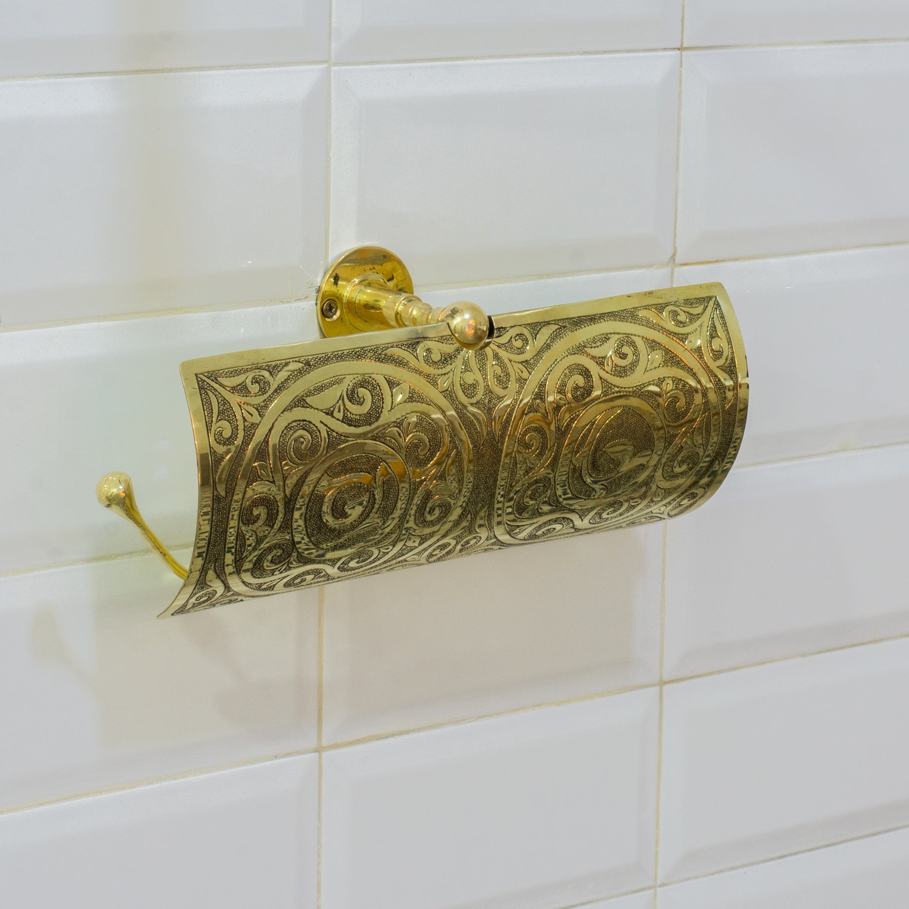 Handcrafted Unlacquered Brass Double Toilet Paper Holder | Engraved Sliding Cover - Insideast