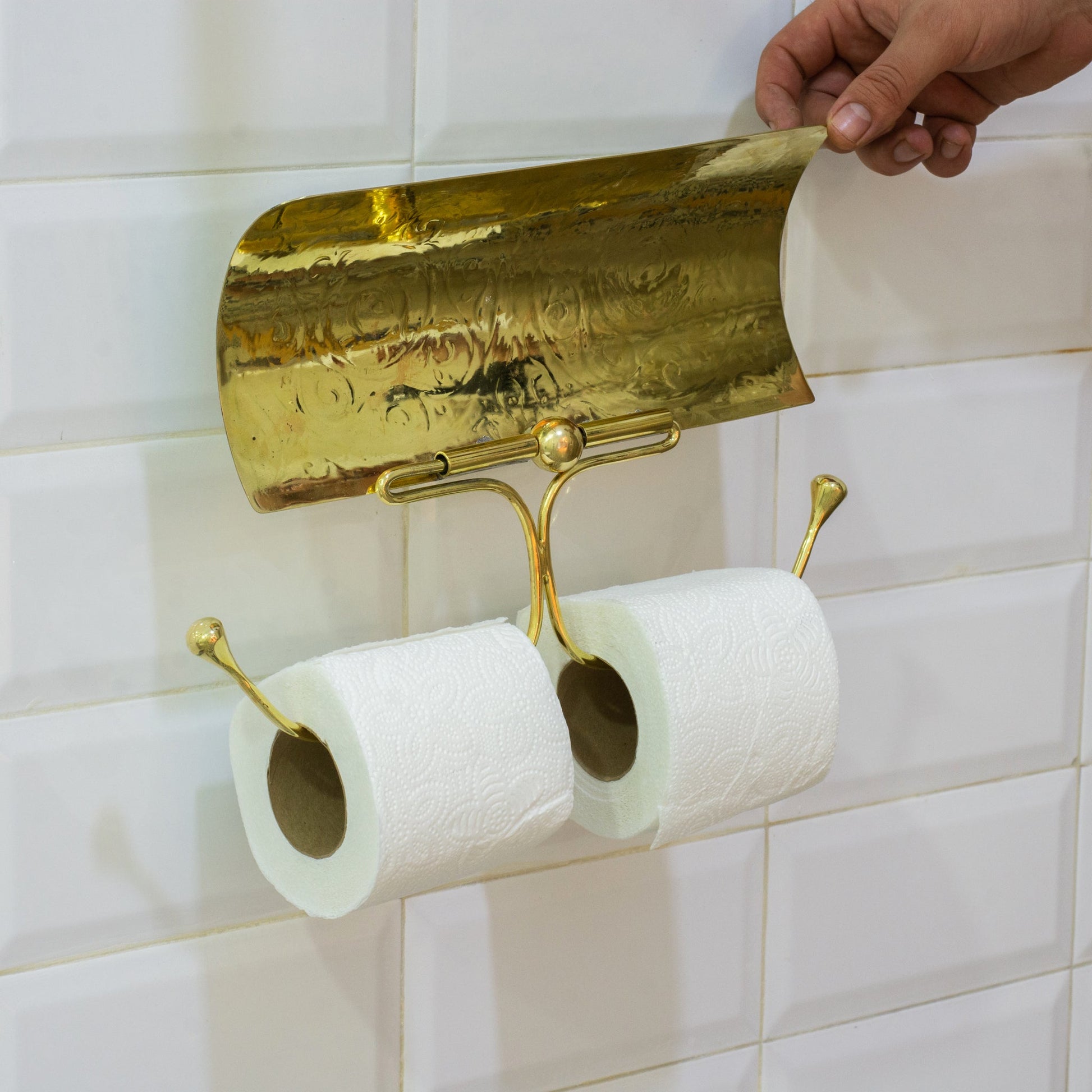 Handcrafted Unlacquered Brass Double Toilet Paper Holder | Engraved Sliding Cover - Insideast