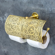 Handcrafted Unlacquered Brass Double Toilet Paper Holder | Engraved Sliding Cover - Insideast