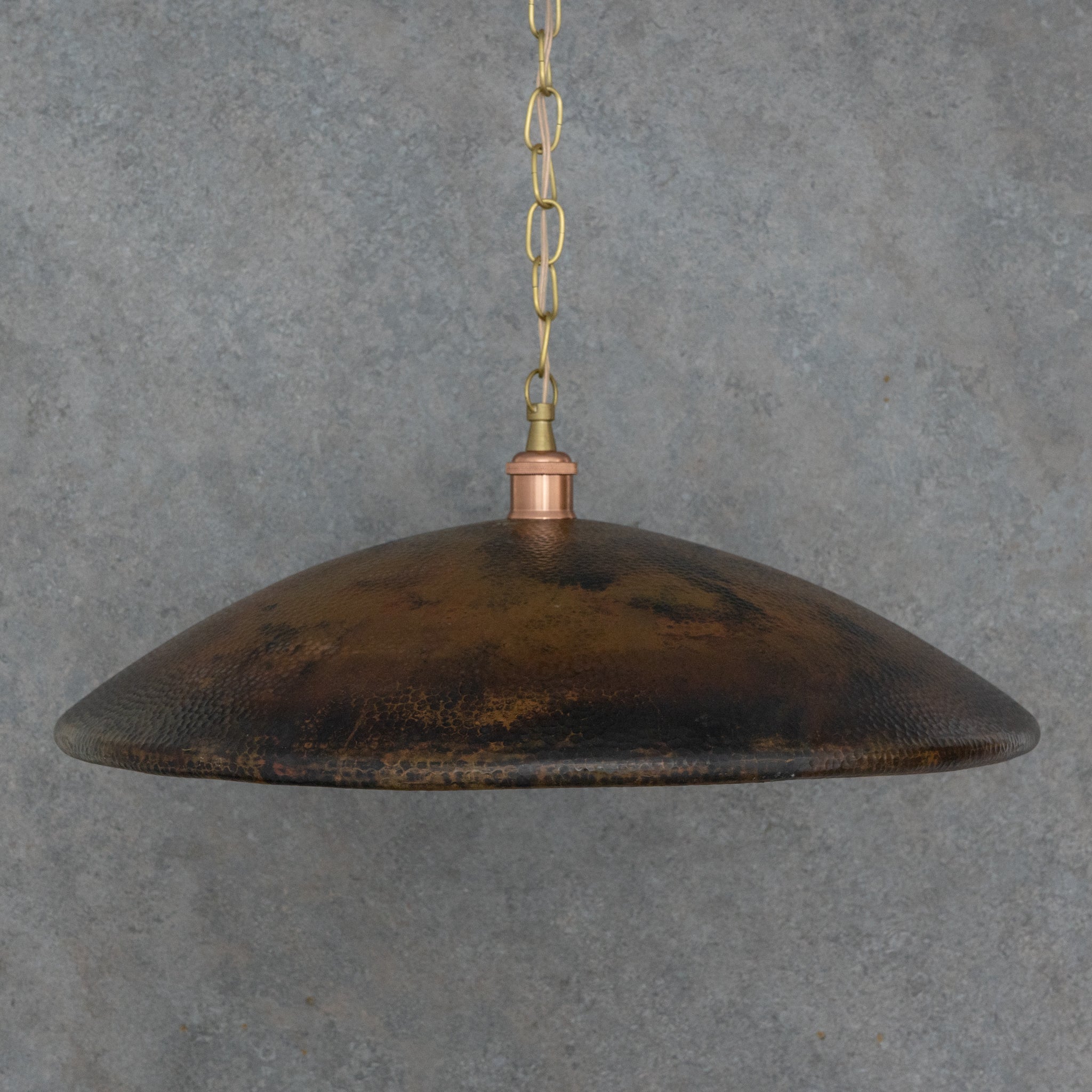 Handcrafted Wide Saucer Pendant Light | Wide Hammered Rustic Copper - Insideast