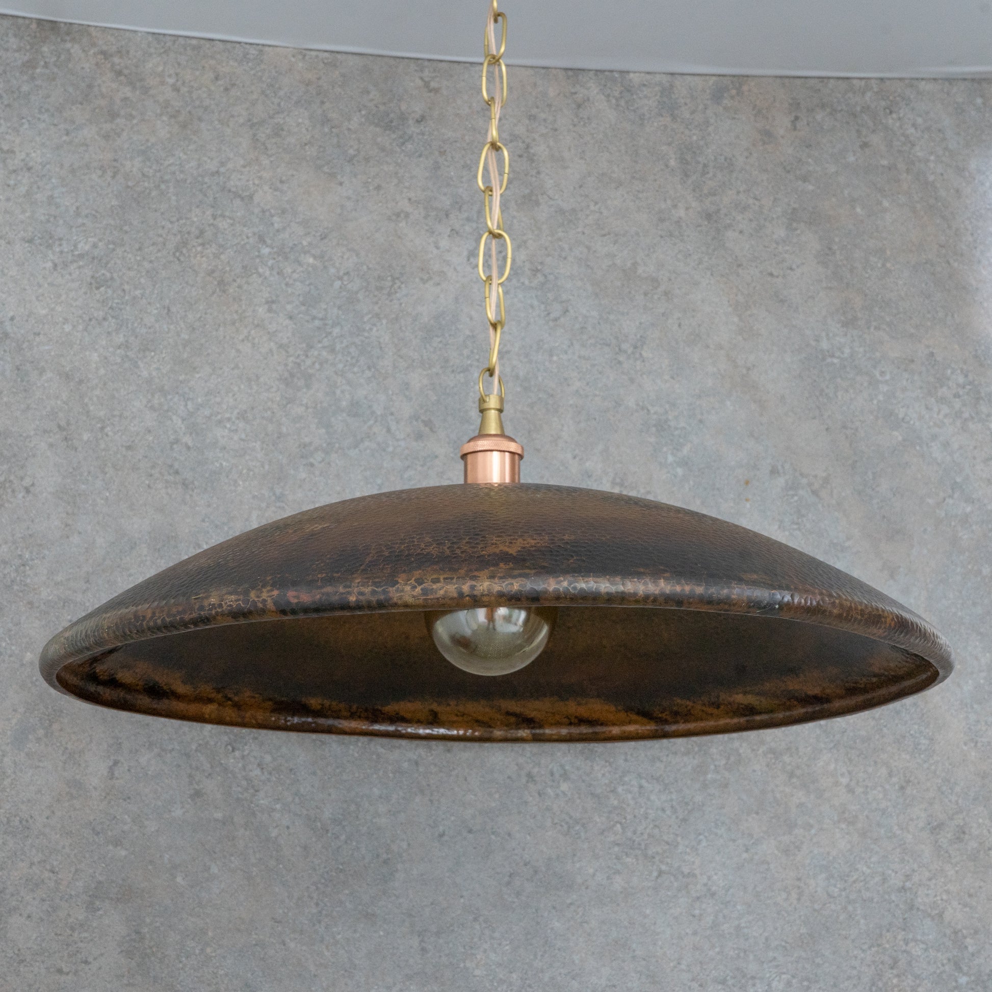 Handcrafted Wide Saucer Pendant Light | Wide Hammered Rustic Copper - Insideast