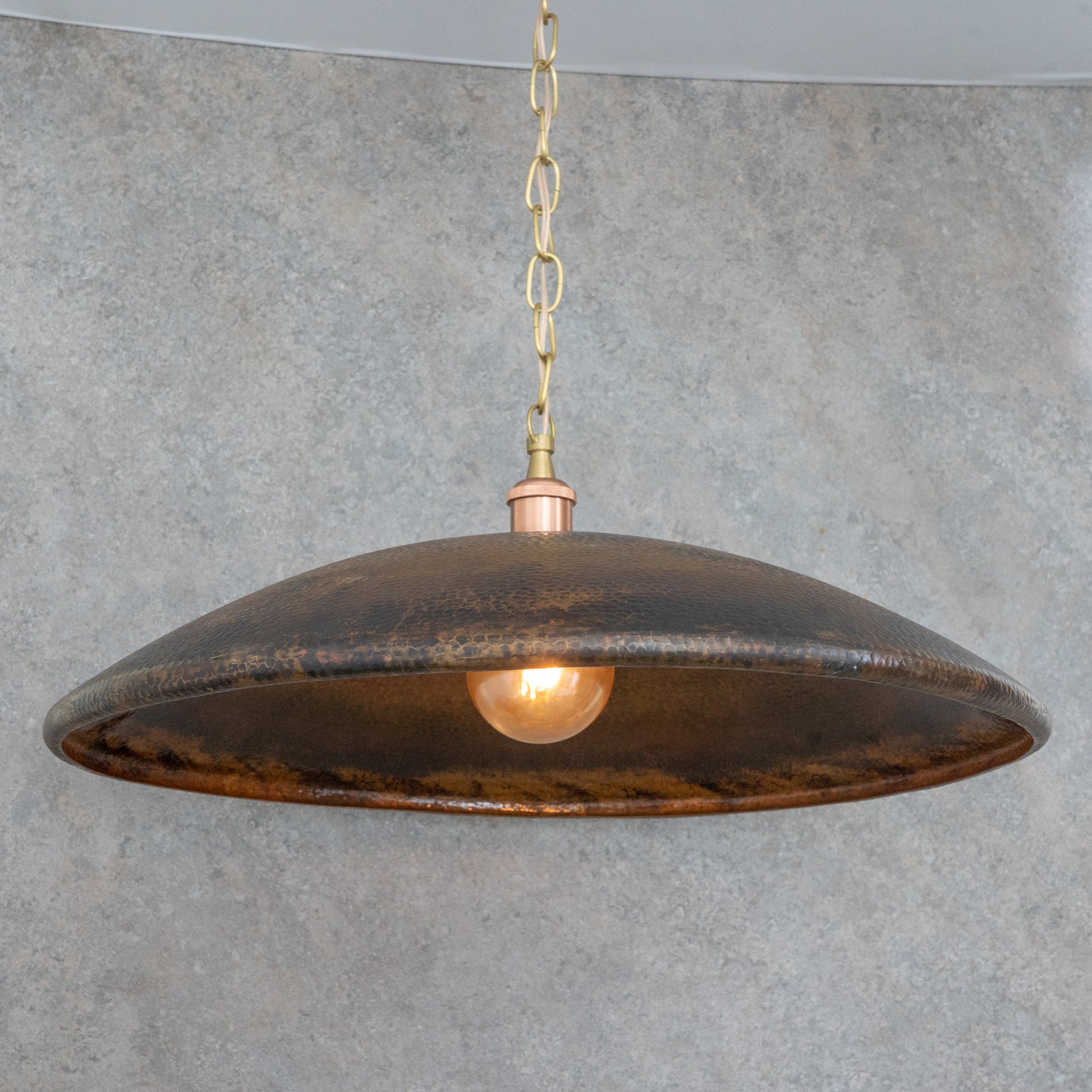Handcrafted Wide Saucer Pendant Light | Wide Hammered Rustic Copper - Insideast