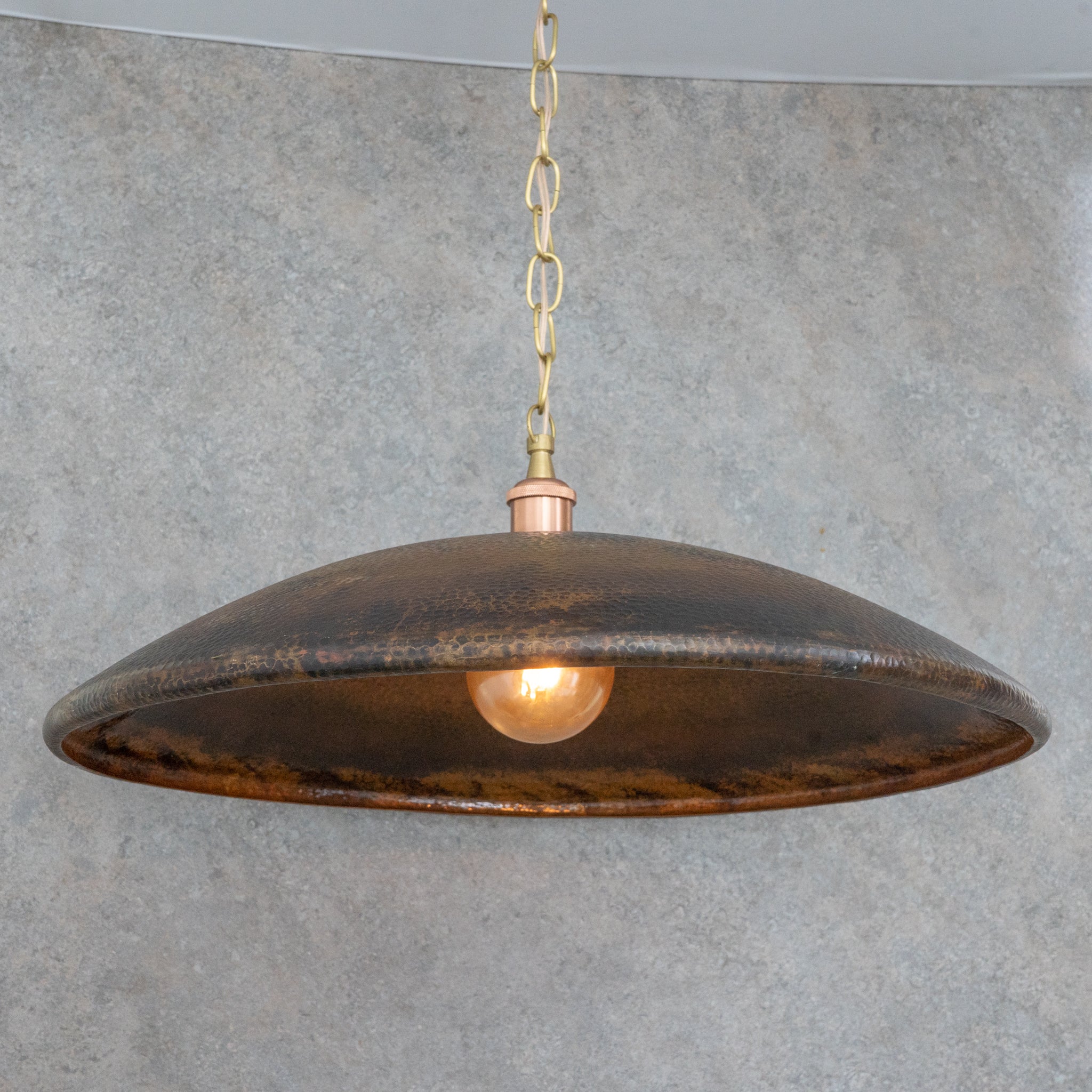 Handcrafted Wide Saucer Pendant Light | Wide Hammered Rustic Copper - Insideast