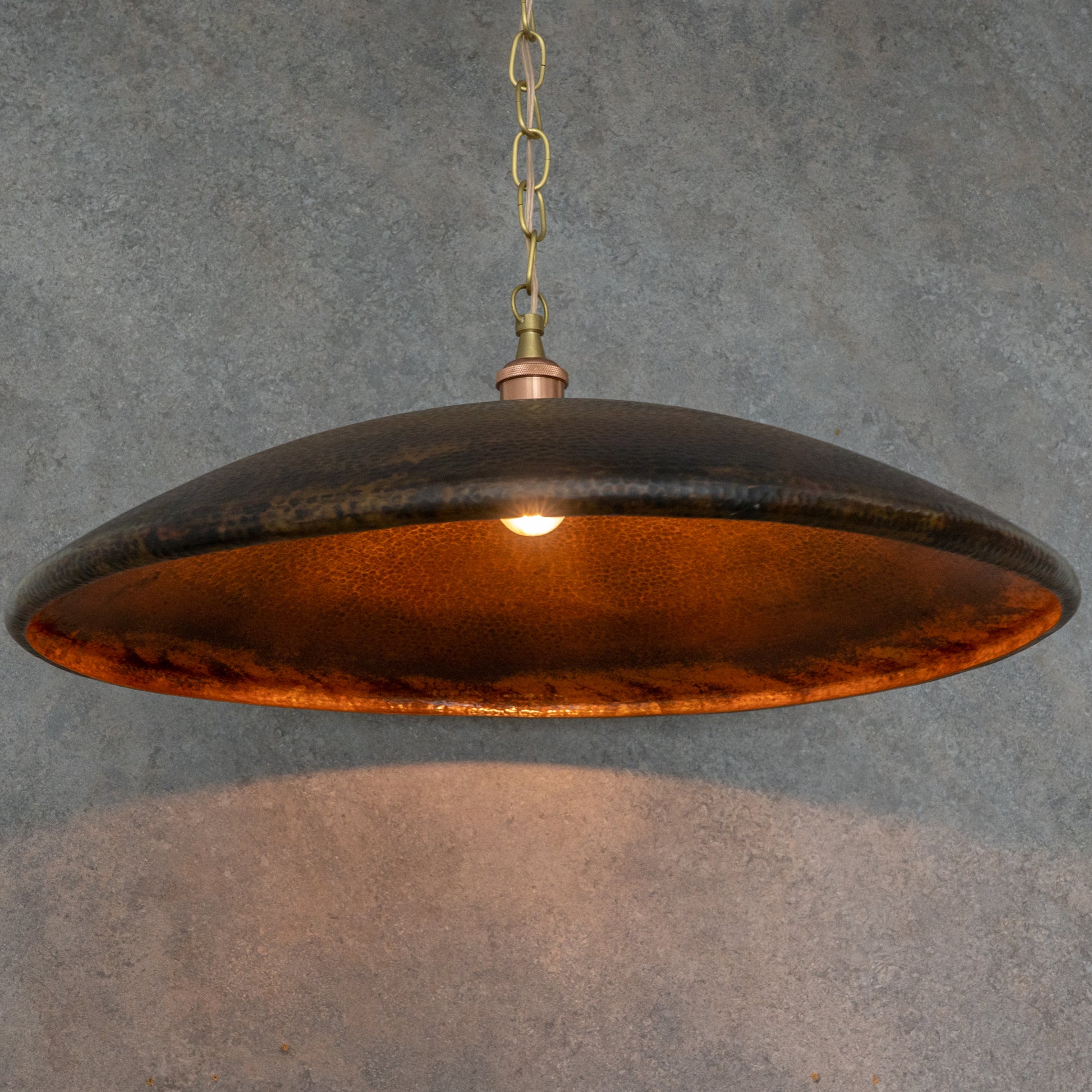 Handcrafted Wide Saucer Pendant Light | Wide Hammered Rustic Copper - Insideast