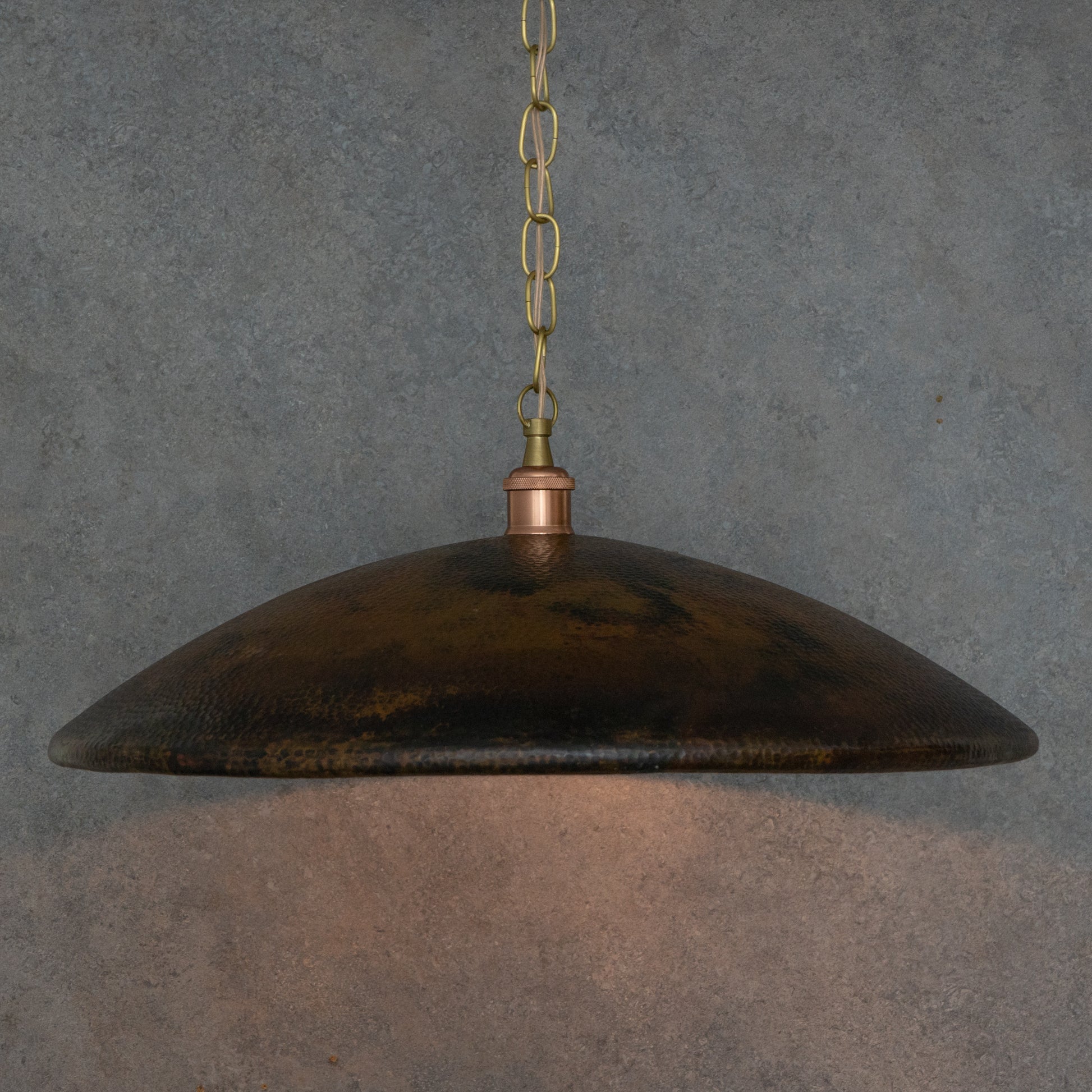 Handcrafted Wide Saucer Pendant Light | Wide Hammered Rustic Copper - Insideast