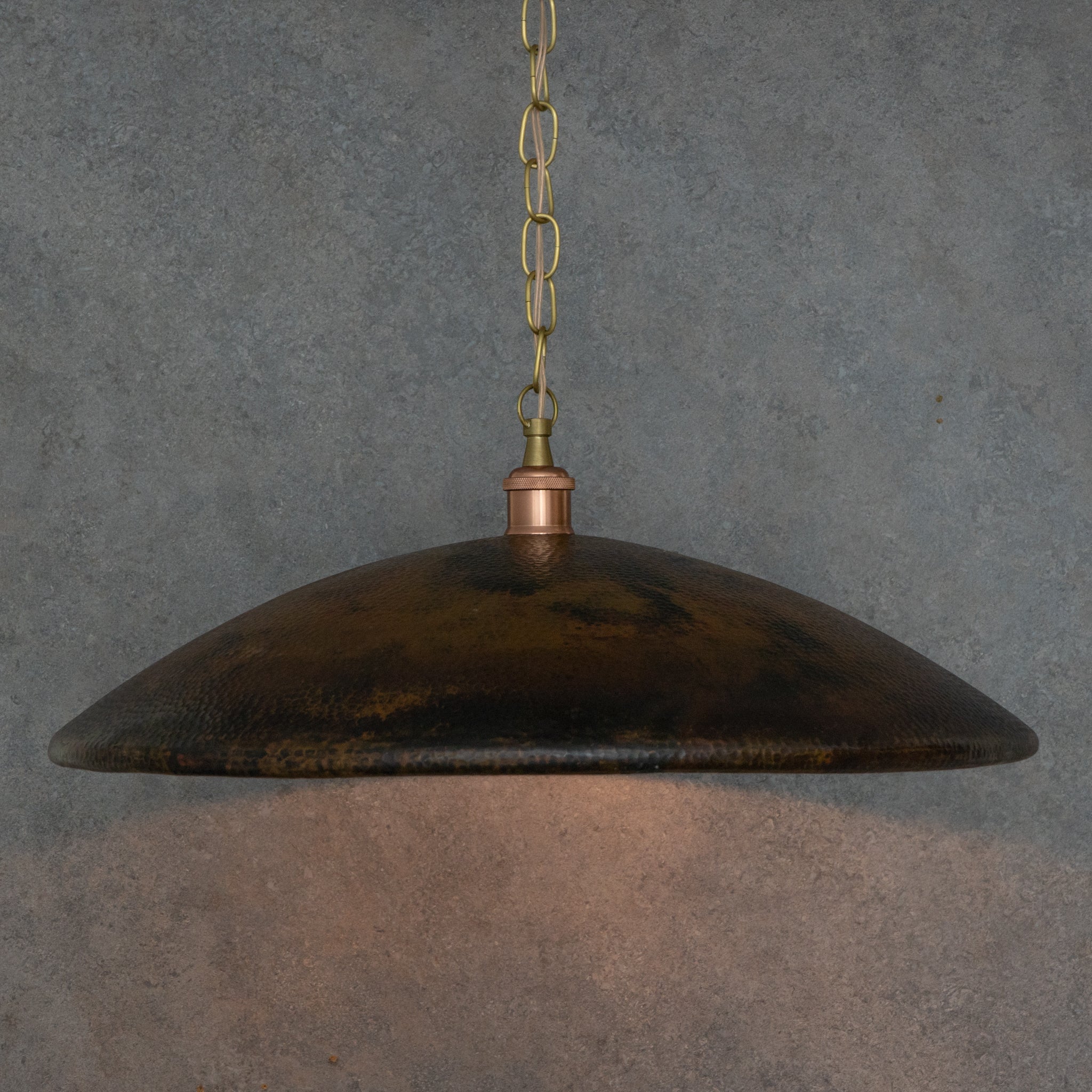 Handcrafted Wide Saucer Pendant Light | Wide Hammered Rustic Copper - Insideast
