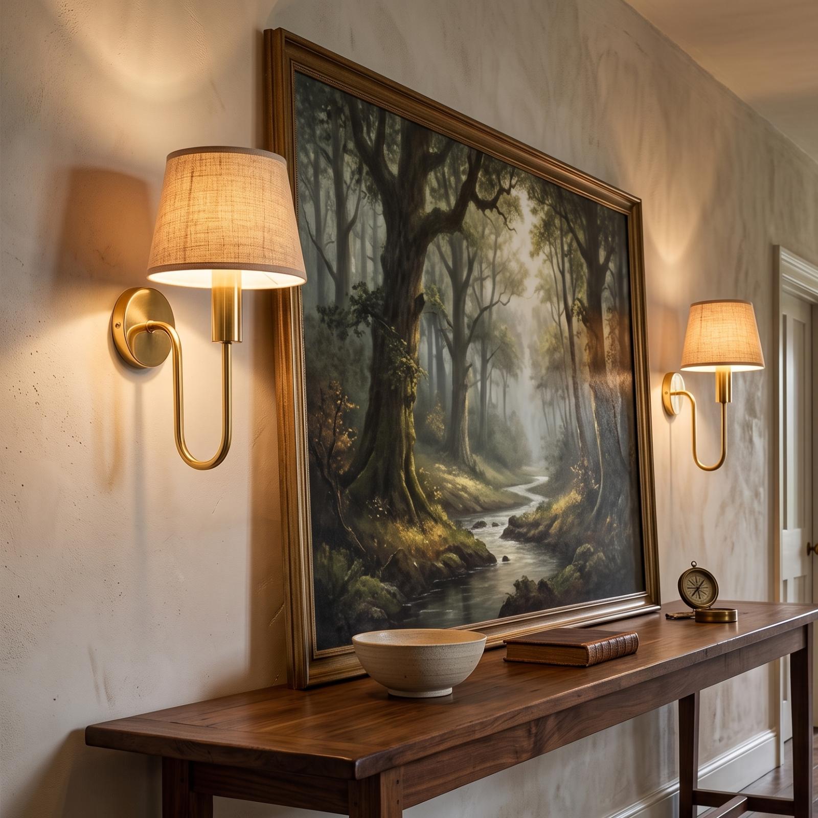 Handcrafted Solid Brass Wall Sconces, Tapered Fabric Shade, Swan Neck Wall Light, Indoor Wall Lamp