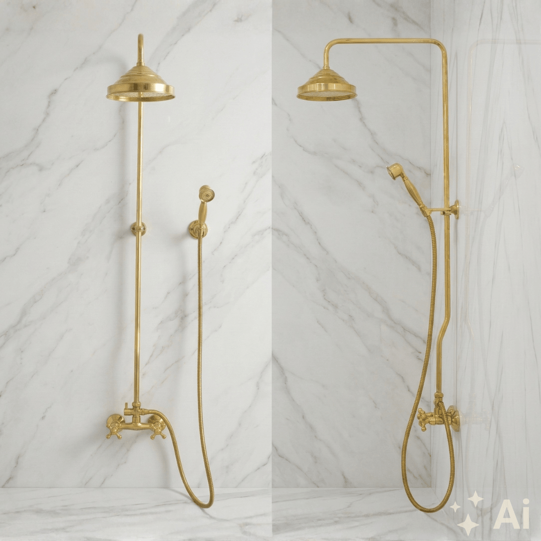 Heritage brass shower system in a bathroom