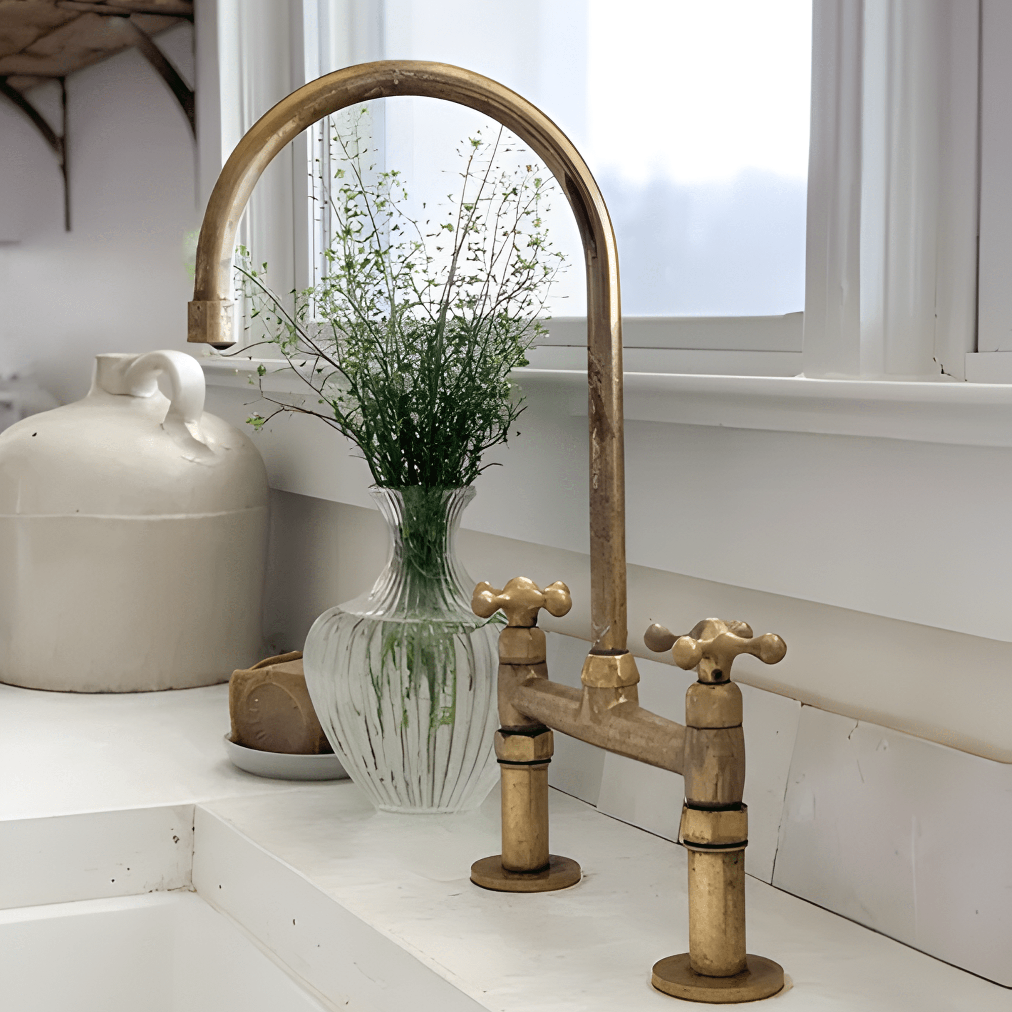 heritage unlacquered brass kitchen bridge faucet