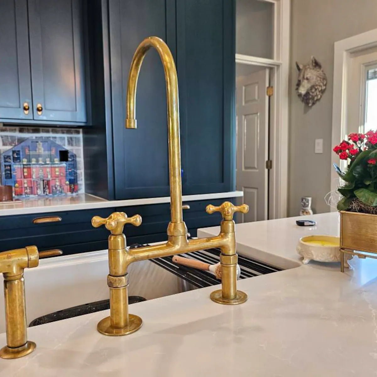 Heritage - Unlacquered Brass Kitchen Bridge Faucet - Simple cross Handle - Insideast