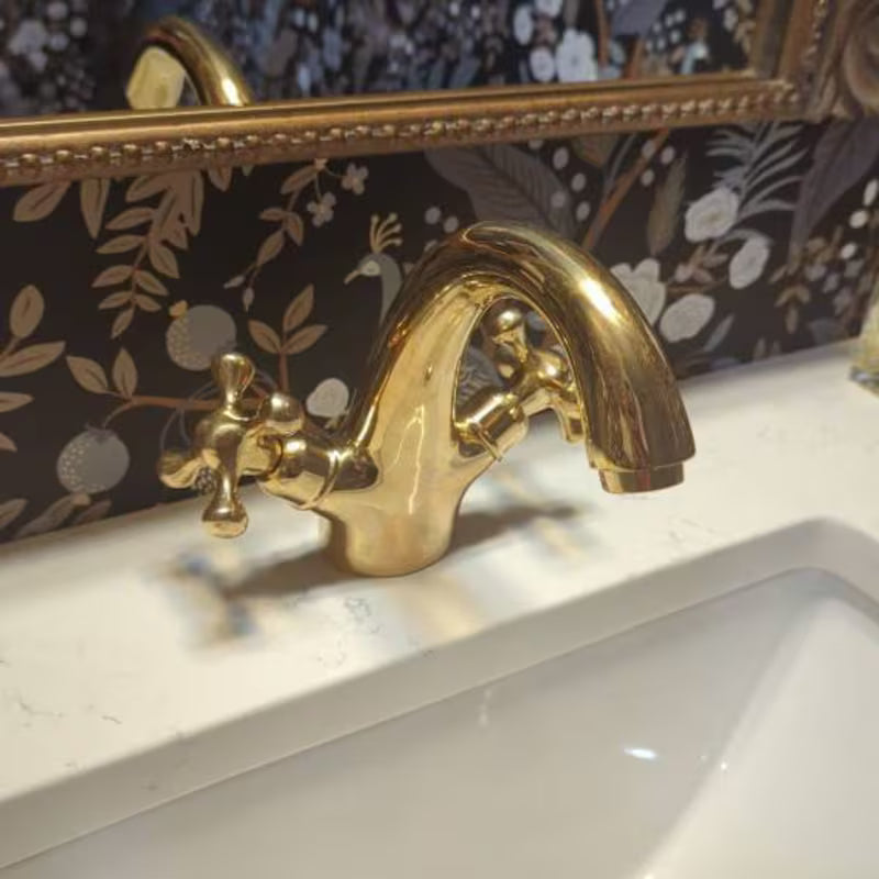 Single-Hole Unlacquered Brass Bathroom Sink Vanity Faucet with Double Simple Cross Handles