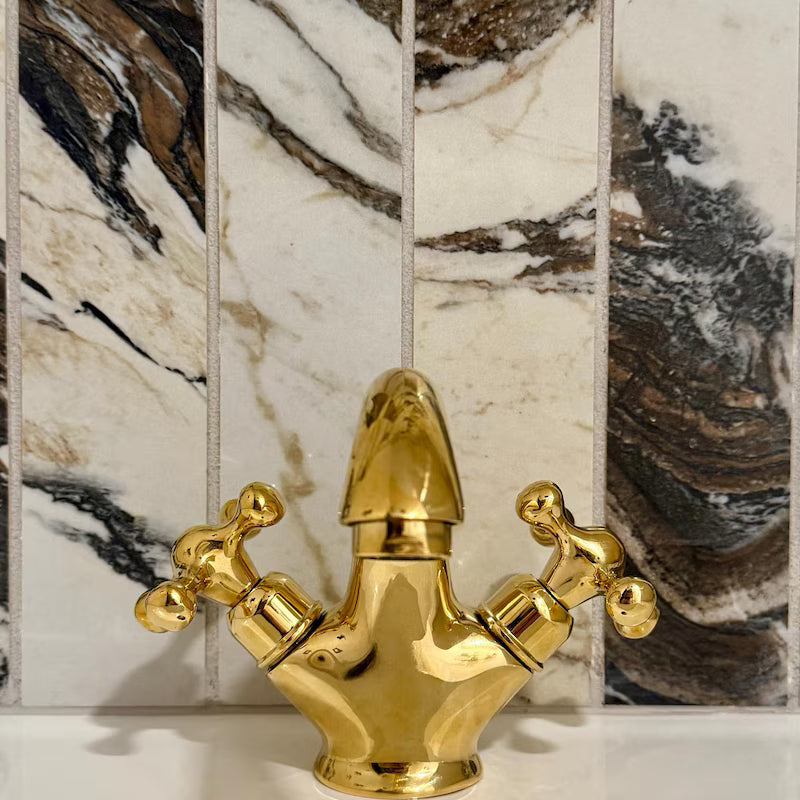 Single-Hole Unlacquered Brass Bathroom Sink Vanity Faucet with Double Simple Cross Handles