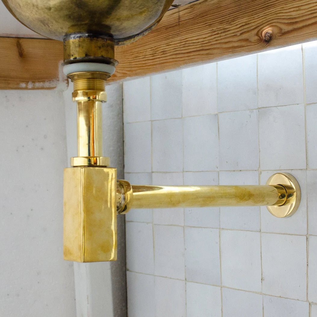 Solid Unlacquered Brass P-trap and Sink Stopper, Push Up Button, Pop Up Drain, Brass Water Trap