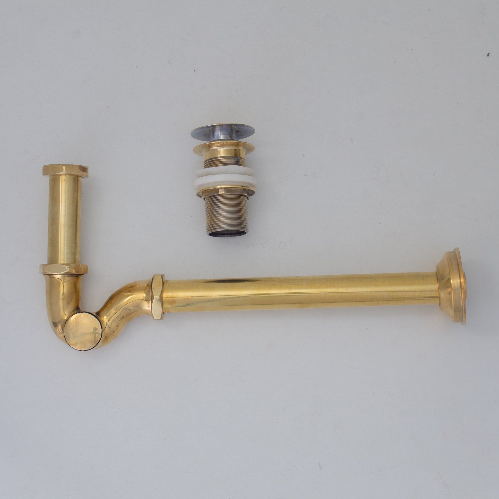 Solid Unlacquered Brass P-trap and Sink Stopper, Push Up Button, Pop Up Drain, Brass Water Trap