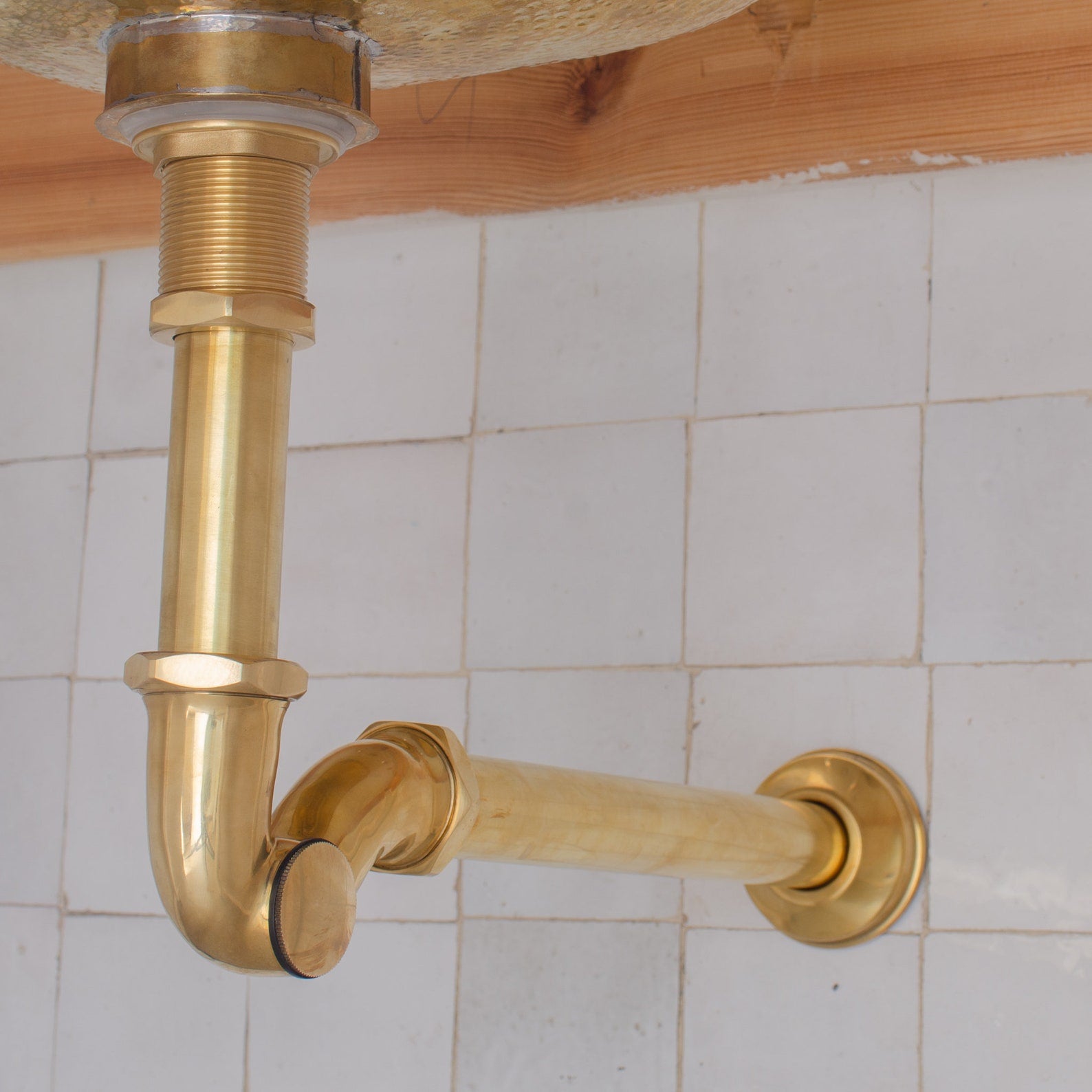 Solid Unlacquered Brass P-trap and Sink Stopper, Push Up Button, Pop Up Drain, Brass Water Trap