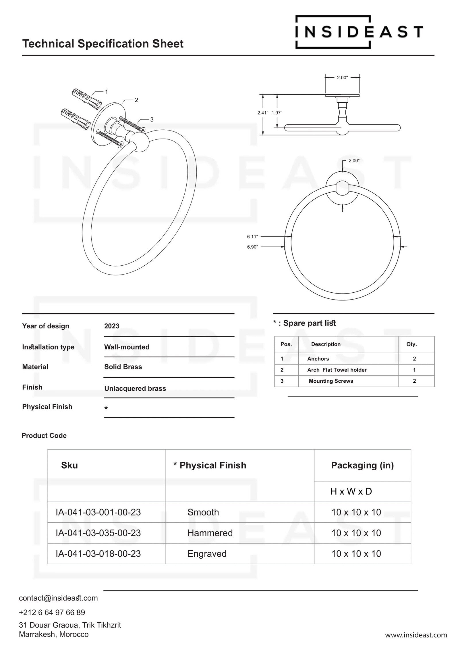 Unlacquered Brass Bathroom Towel Holder, Wall Mount Brass Towel Holder, Hand Etched Towel Ring