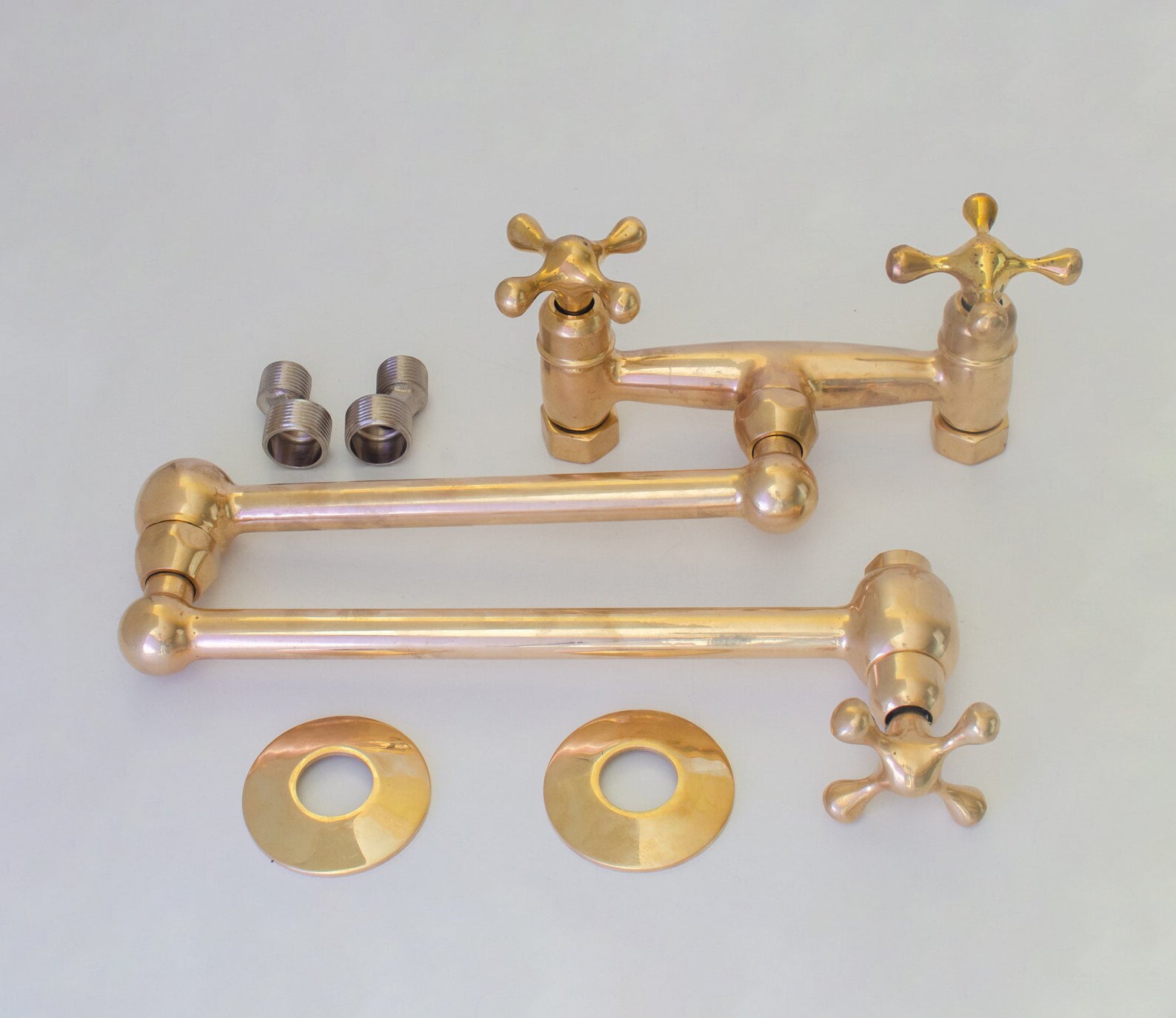 Unlacquered Brass Wall Mount Faucet, Brass Kitchen Faucet, Dual Handle Faucet