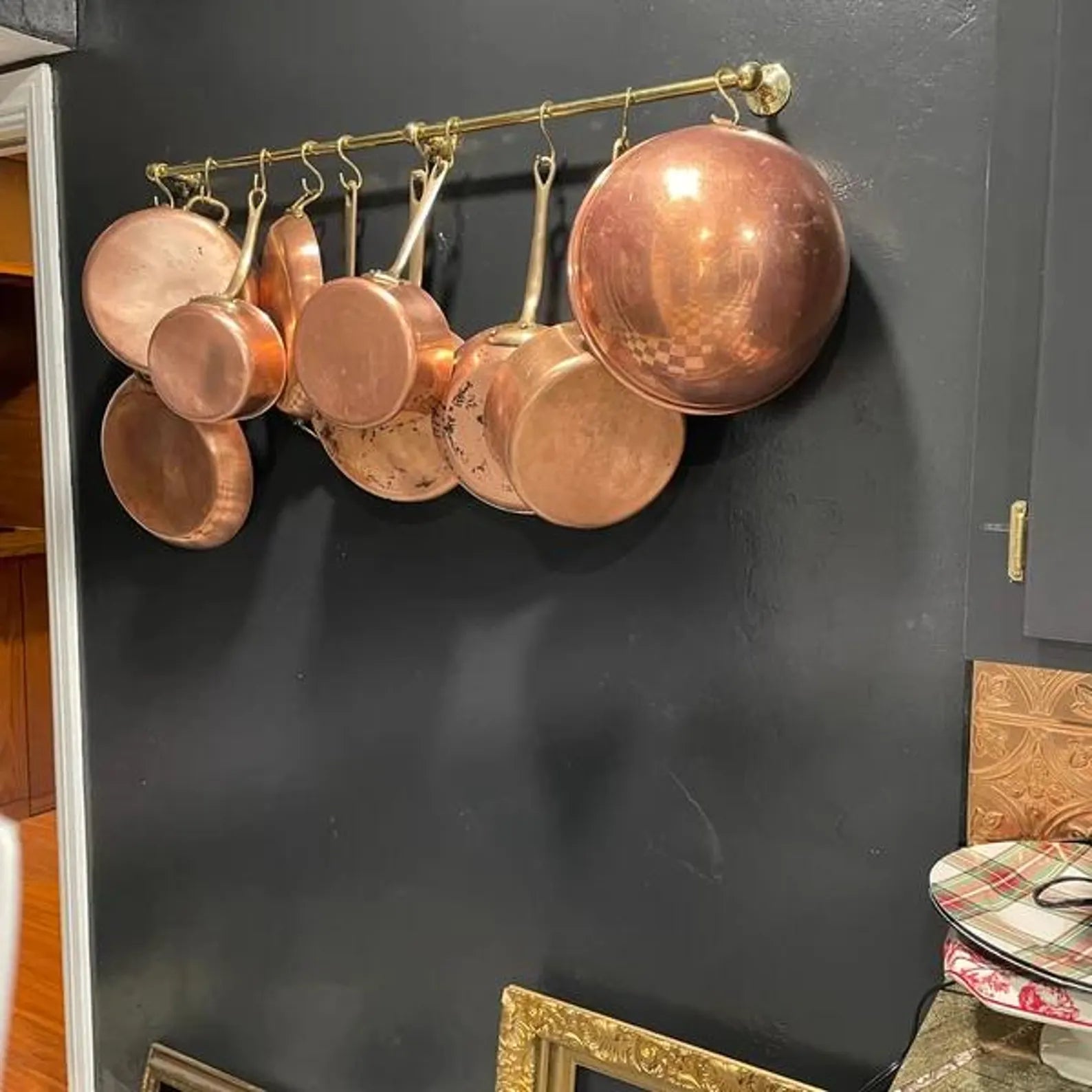 Unlacquered Brass Kitchen Rods, Pot Rail With S Hooks, Pan Rack organizer, Wall Mounted Brass Kitchen Rod with Hooks