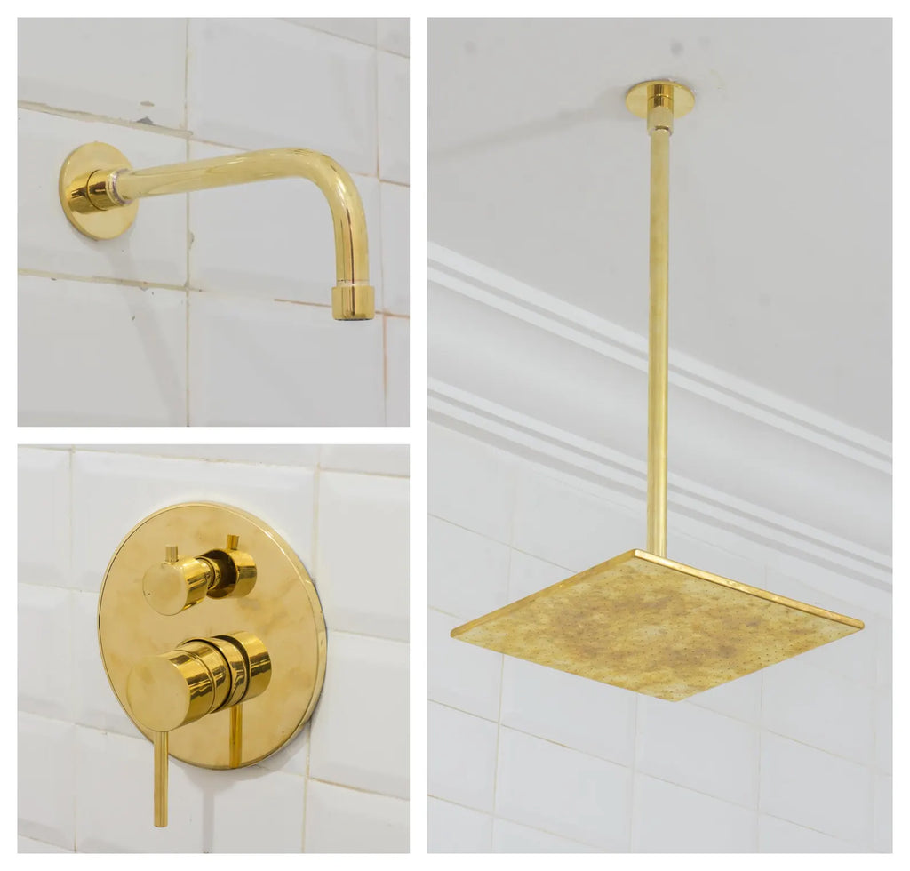 Unlacquered Brass Ceiling Shower System, 2-Outlet Shower, Overhead Shower With Tub Filler, Ceiling Mount Showerhead with Tub Faucet