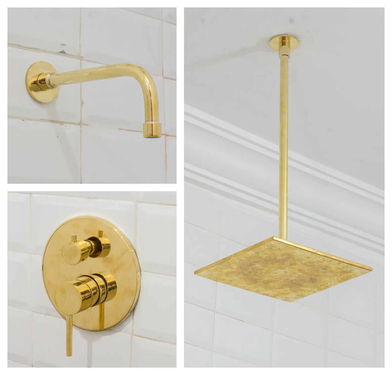 Unlacquered Brass Ceiling Shower System, 2-Outlet Shower, Overhead Shower With Tub Filler, Ceiling Mount Showerhead with Tub Faucet
