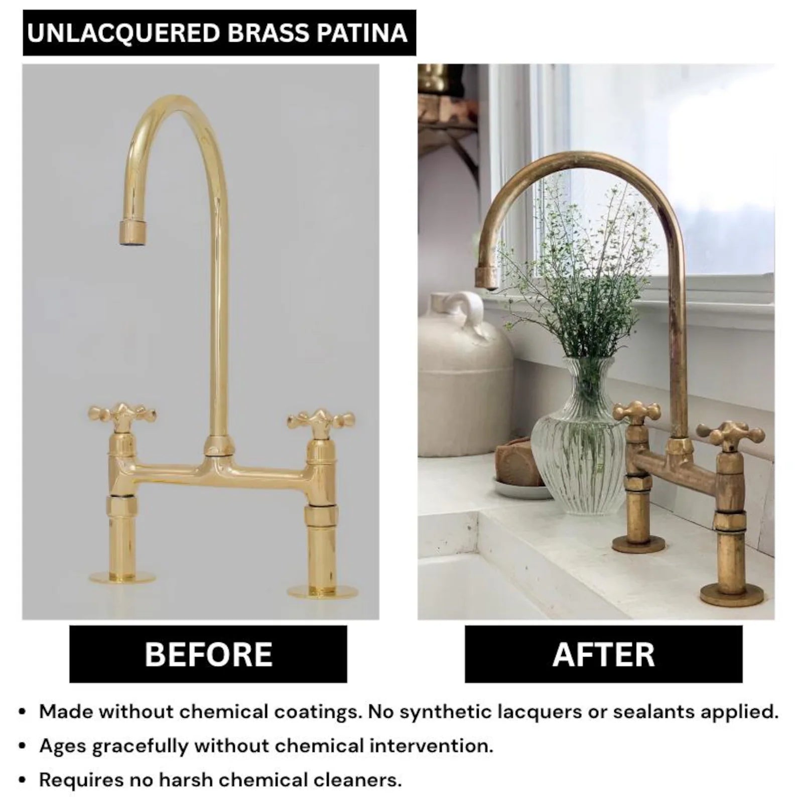 Heritage - Unlacquered Brass Kitchen Bridge Faucet - Simple cross Handle - Insideast
