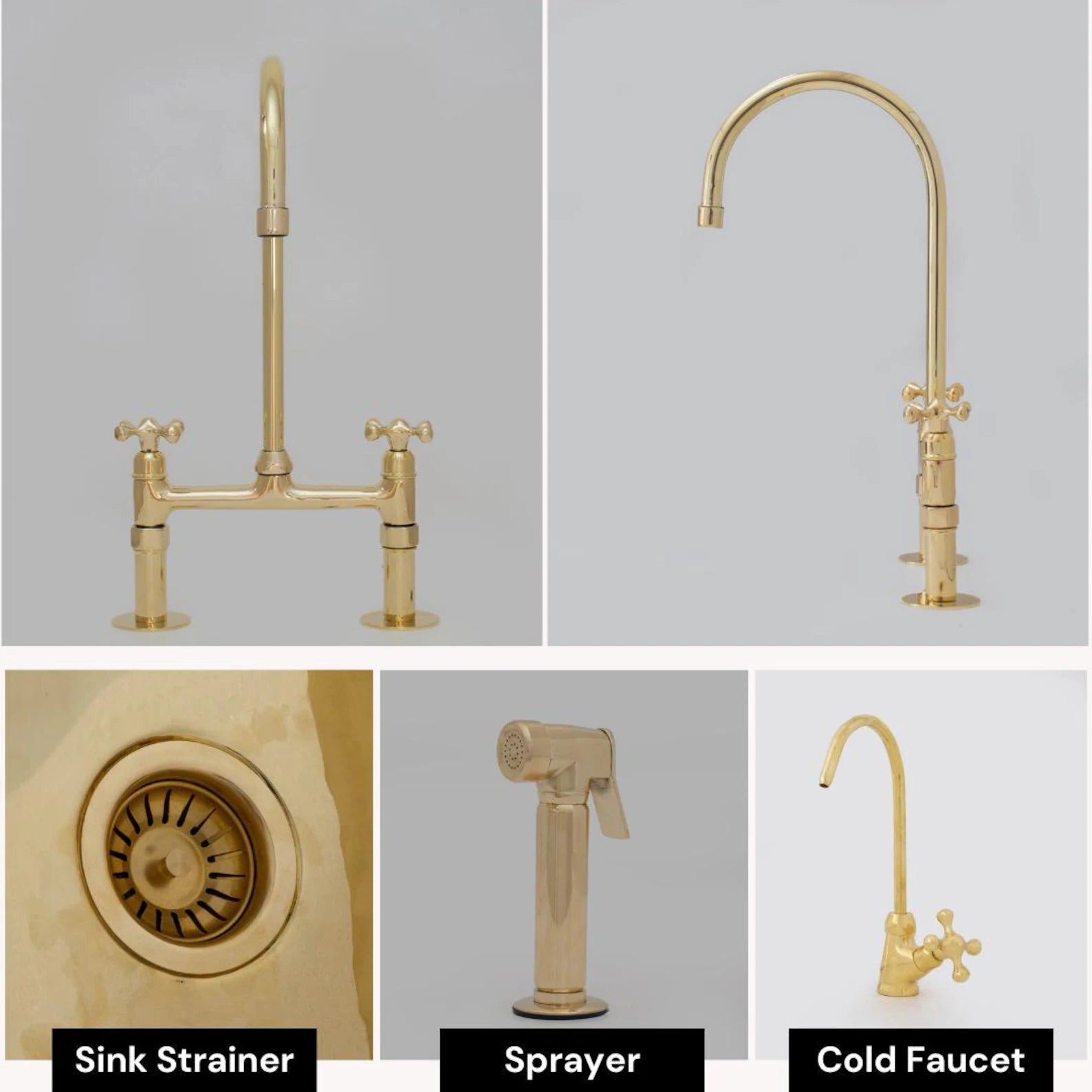 Heritage - Unlacquered Brass Kitchen Bridge Faucet - Simple cross Handle - Insideast