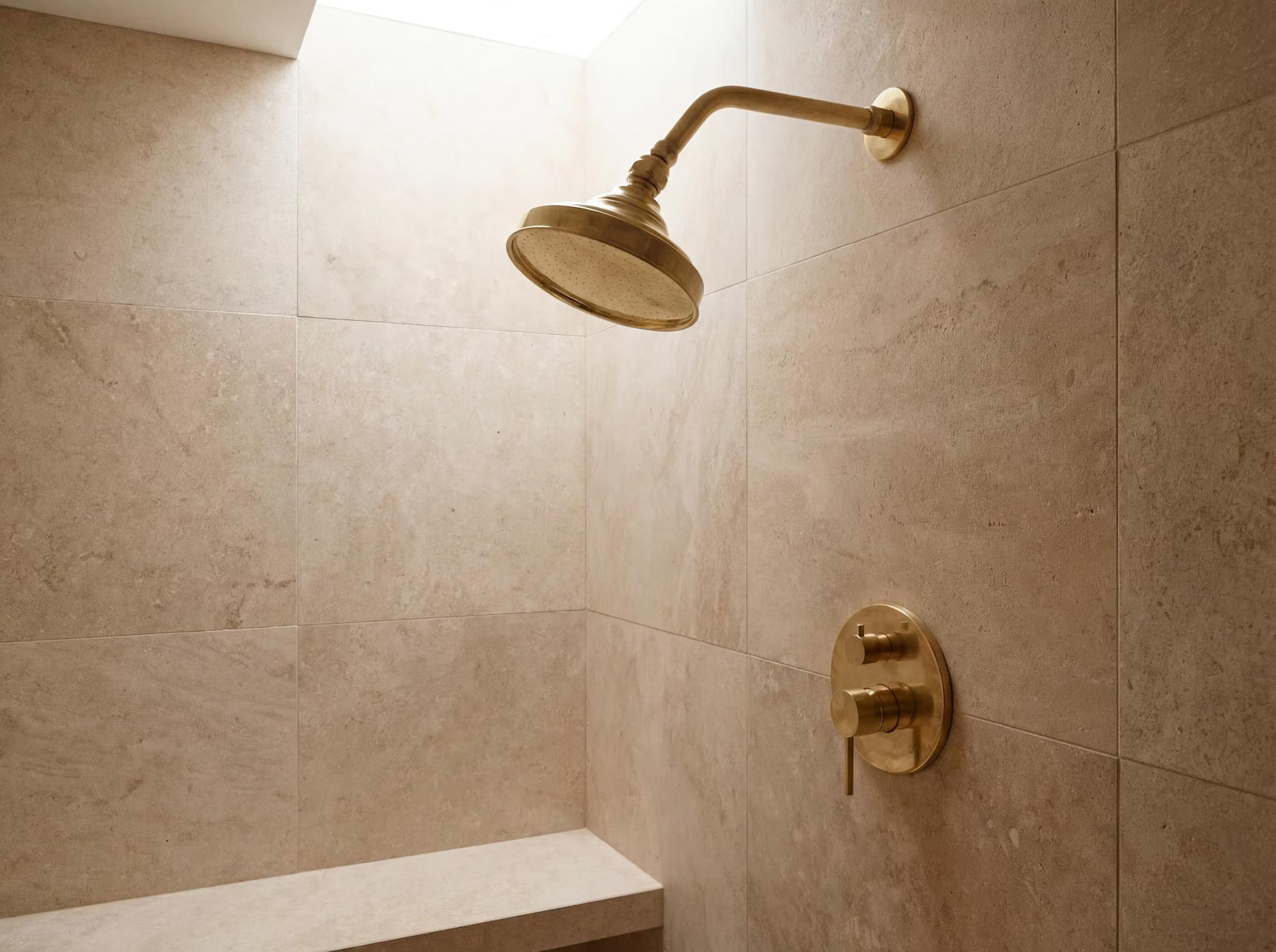 Unlacquered Brass Built-In Shower System | Angled Showerhead & Handheld | Concealed 2-Outlet Set