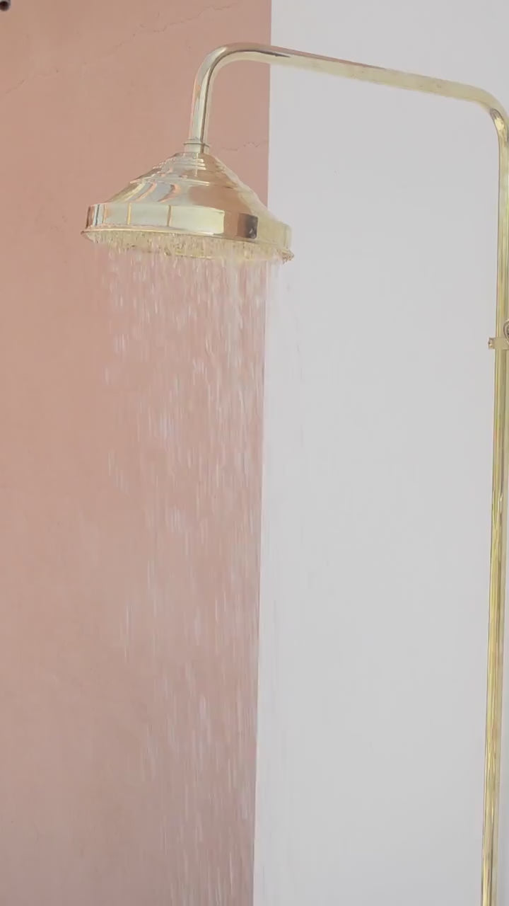 Load video: Unlacquered Brass Shower Head, Square Rain Showerhead, Outdoor Indoor Shower
