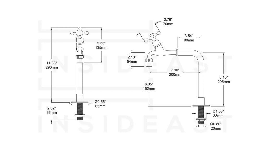 Solid Brass Kitchen Bib Taps, Deck Mount Pillar Taps, Kitchen Double Faucet Set, Hot and Cold Pillar Taps