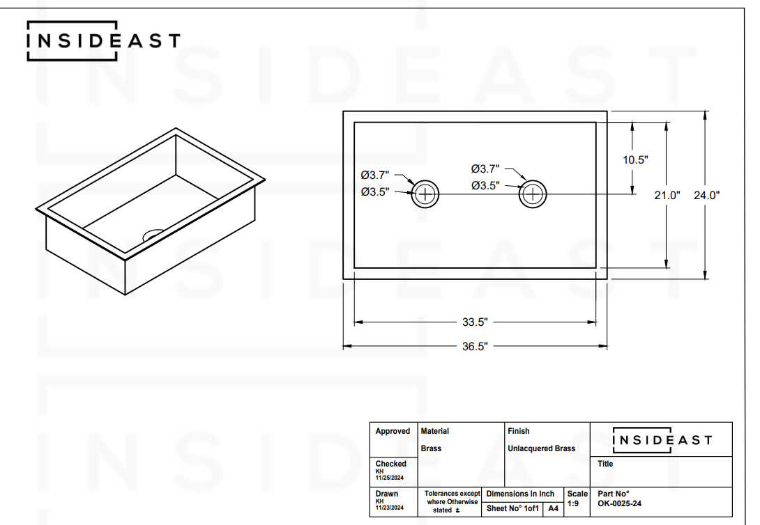 Smooth Unlacquered Brass Farmhouse Kitchen Sink | Double Drain - Insideast