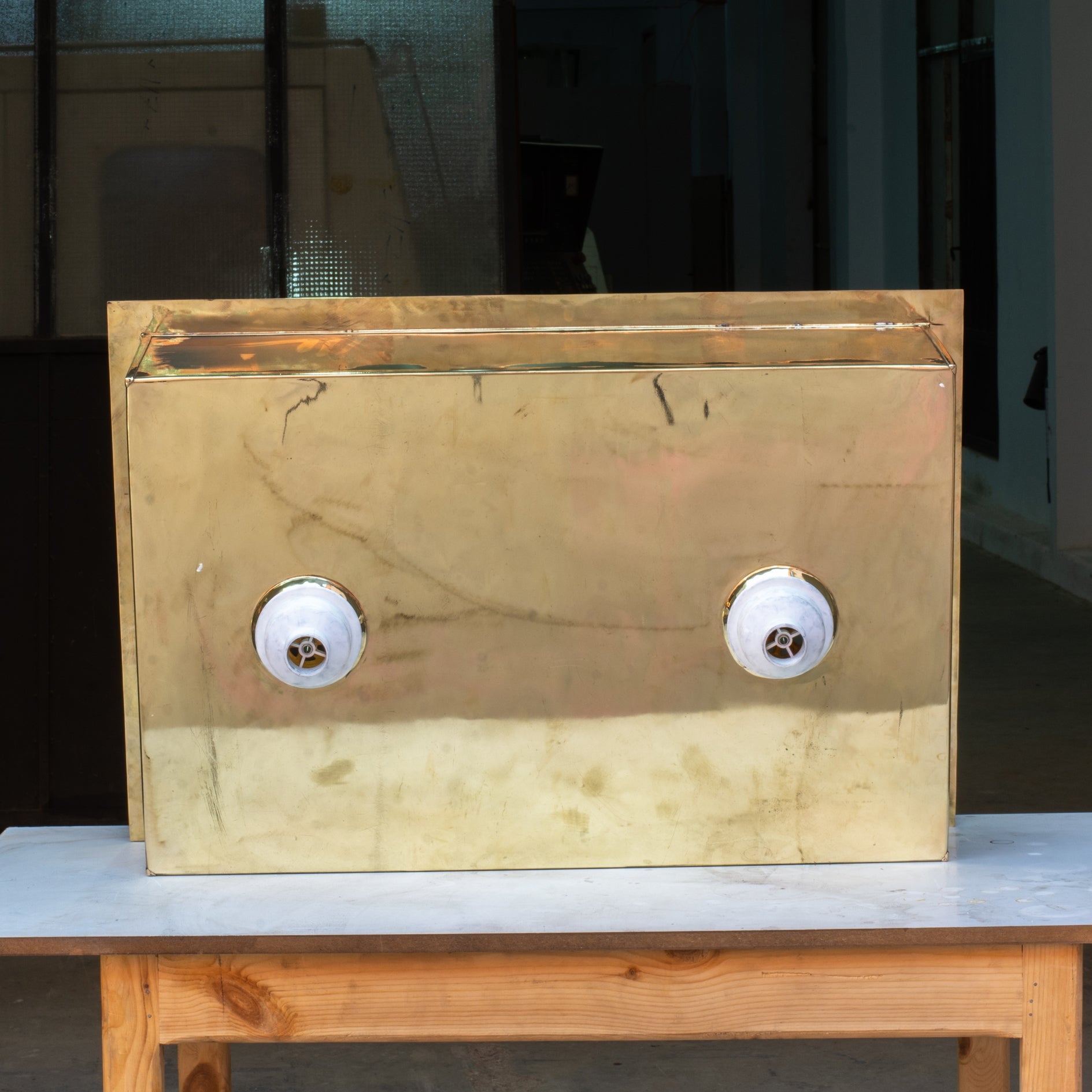 Smooth Unlacquered Brass Farmhouse Kitchen Sink | Double Drain - Insideast