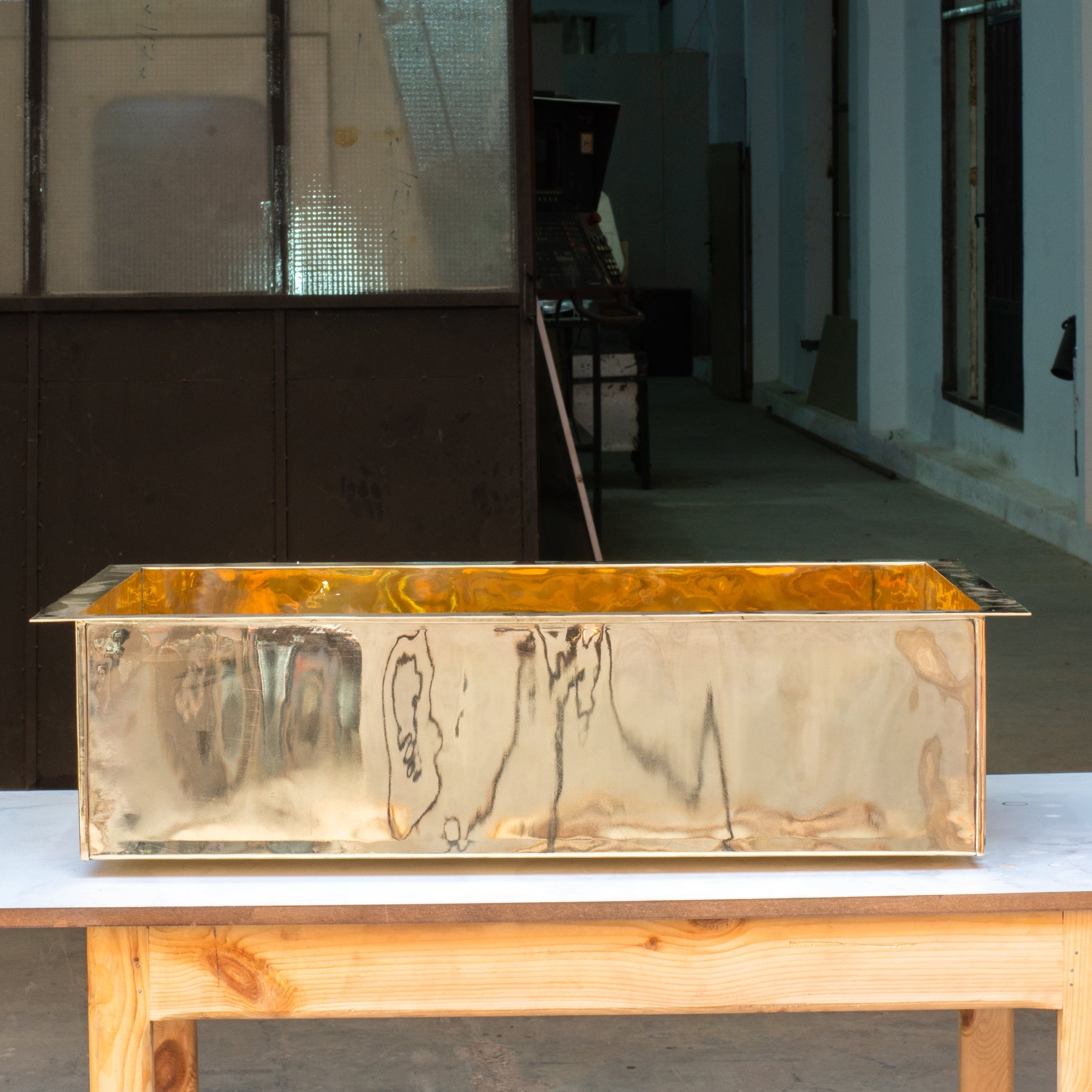 Smooth Unlacquered Brass Farmhouse Kitchen Sink | Double Drain - Insideast