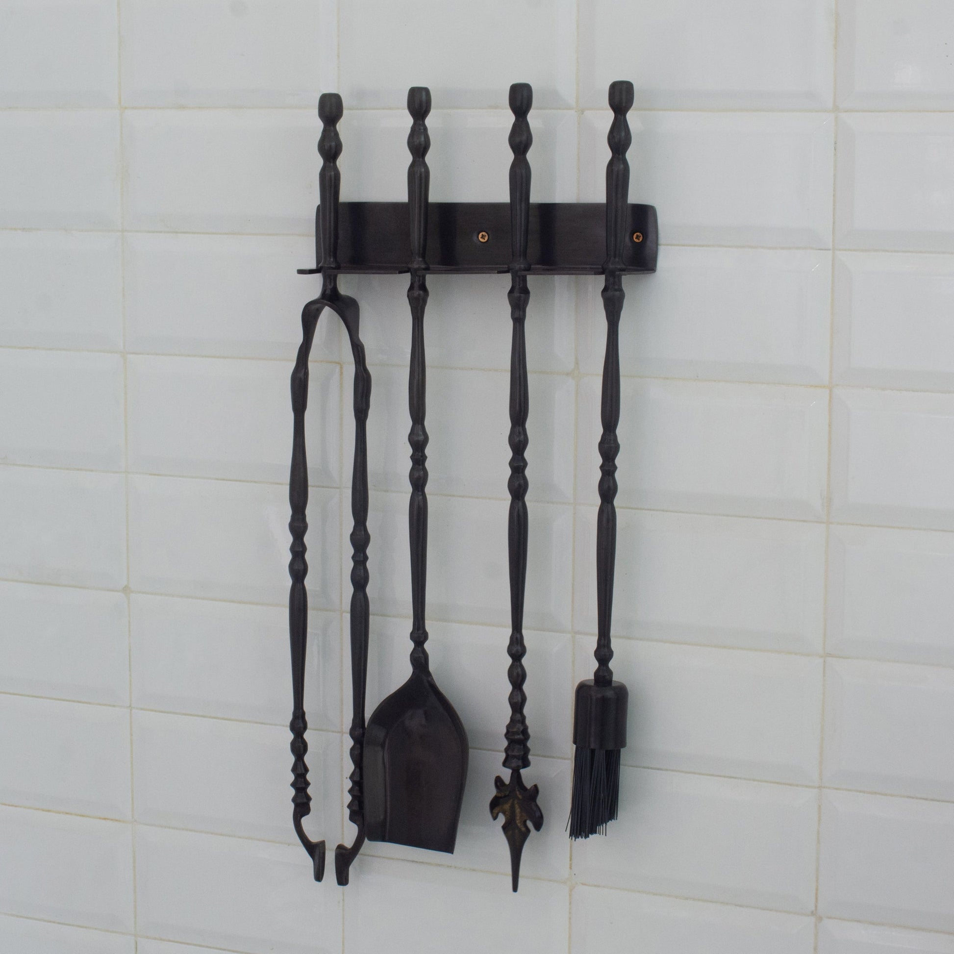 Solid Brass Black Wall - Mounted Fireplace Tool Set | Heavy Fire Tool Rack - Insideast