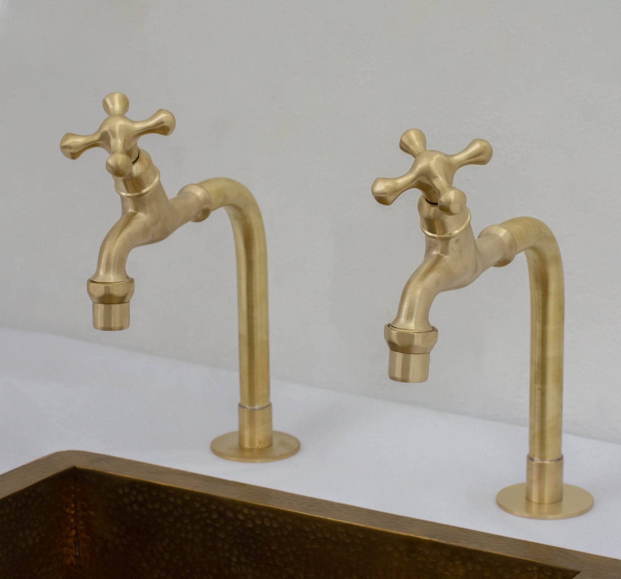 Solid Brass Deck - Mount Kitchen Bib Taps – Double Pillar Faucet Set for Hot & Cold Water - Insideast