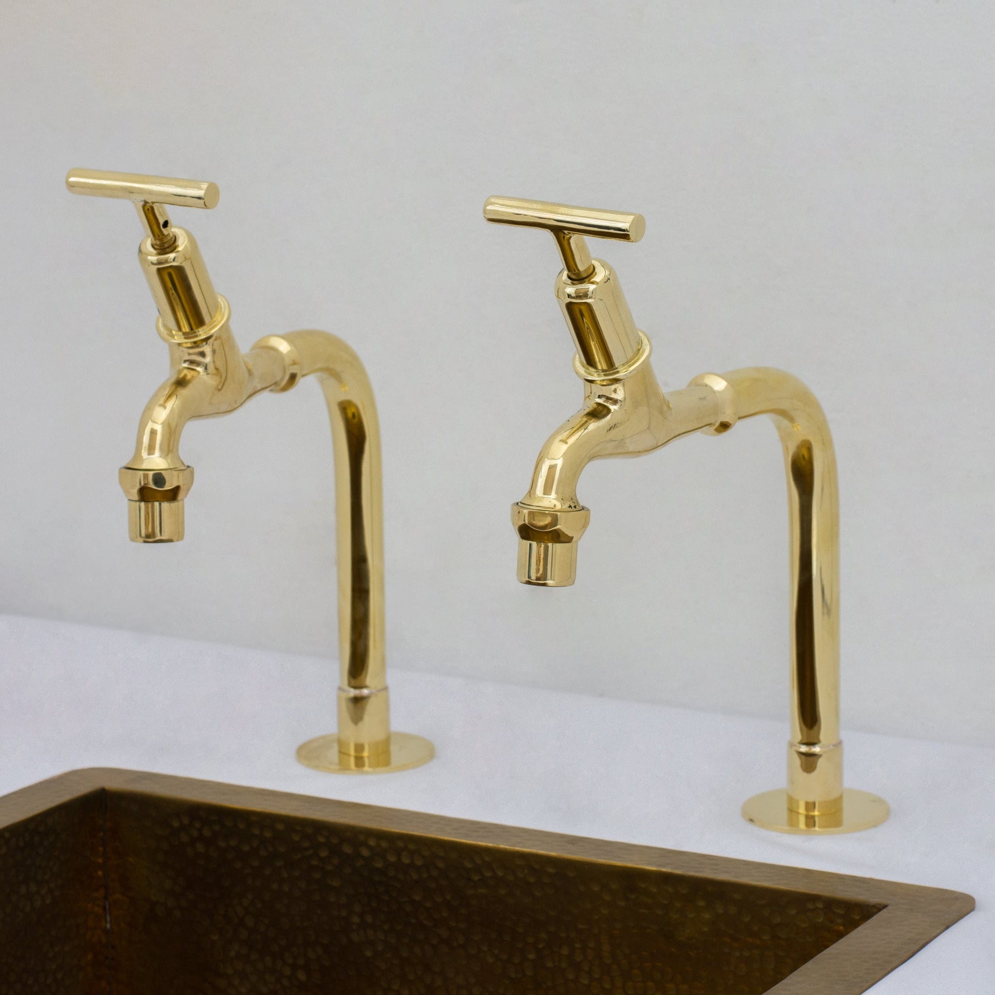 Solid Brass Deck - Mount Kitchen Bib Taps – Double Pillar Faucet Set for Hot & Cold Water - Insideast