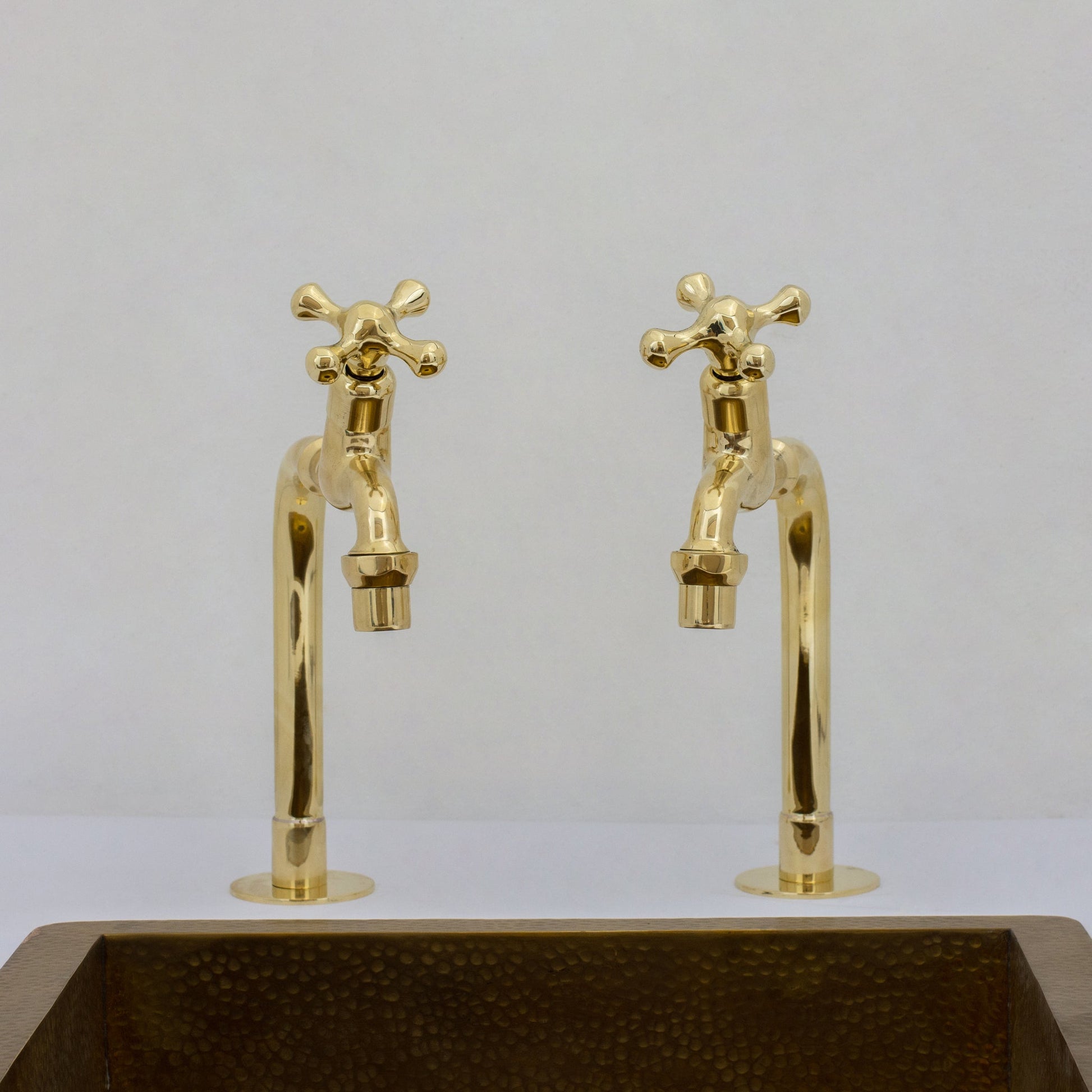 Solid Brass Deck - Mount Kitchen Bib Taps – Double Pillar Faucet Set for Hot & Cold Water - Insideast