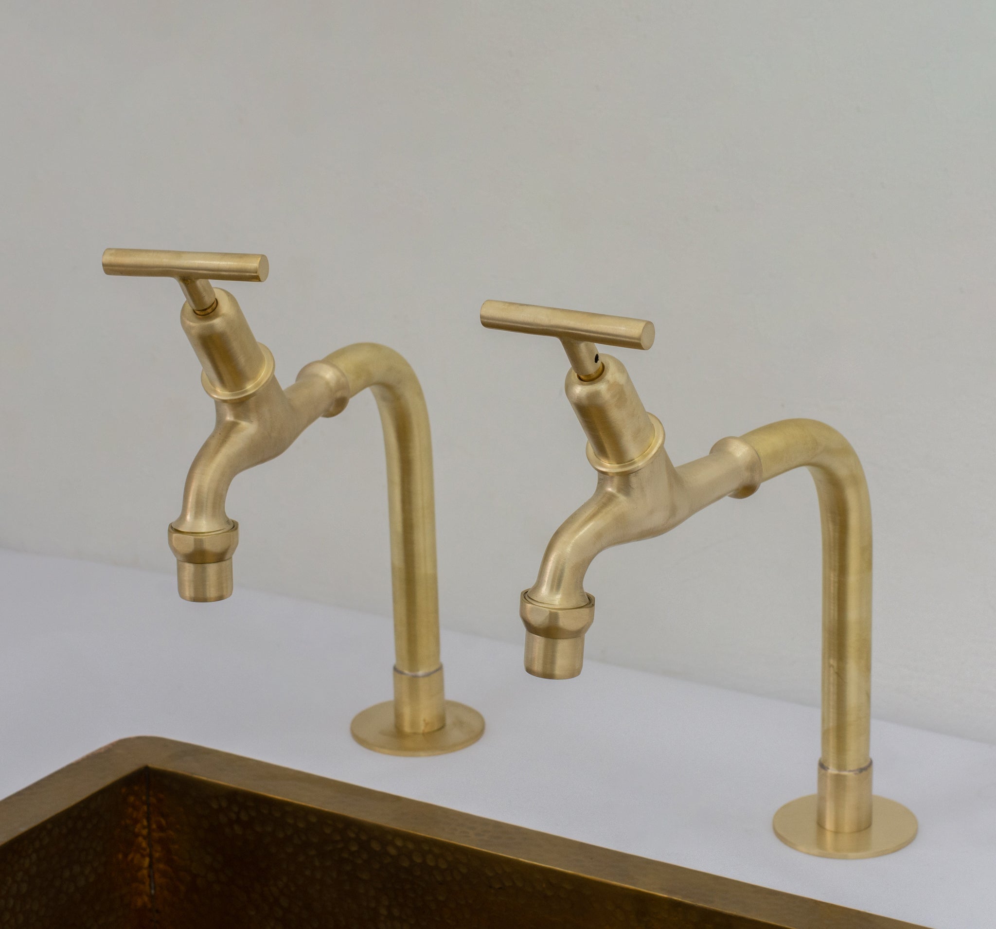 Solid Brass Deck - Mount Kitchen Bib Taps – Double Pillar Faucet Set for Hot & Cold Water - Insideast