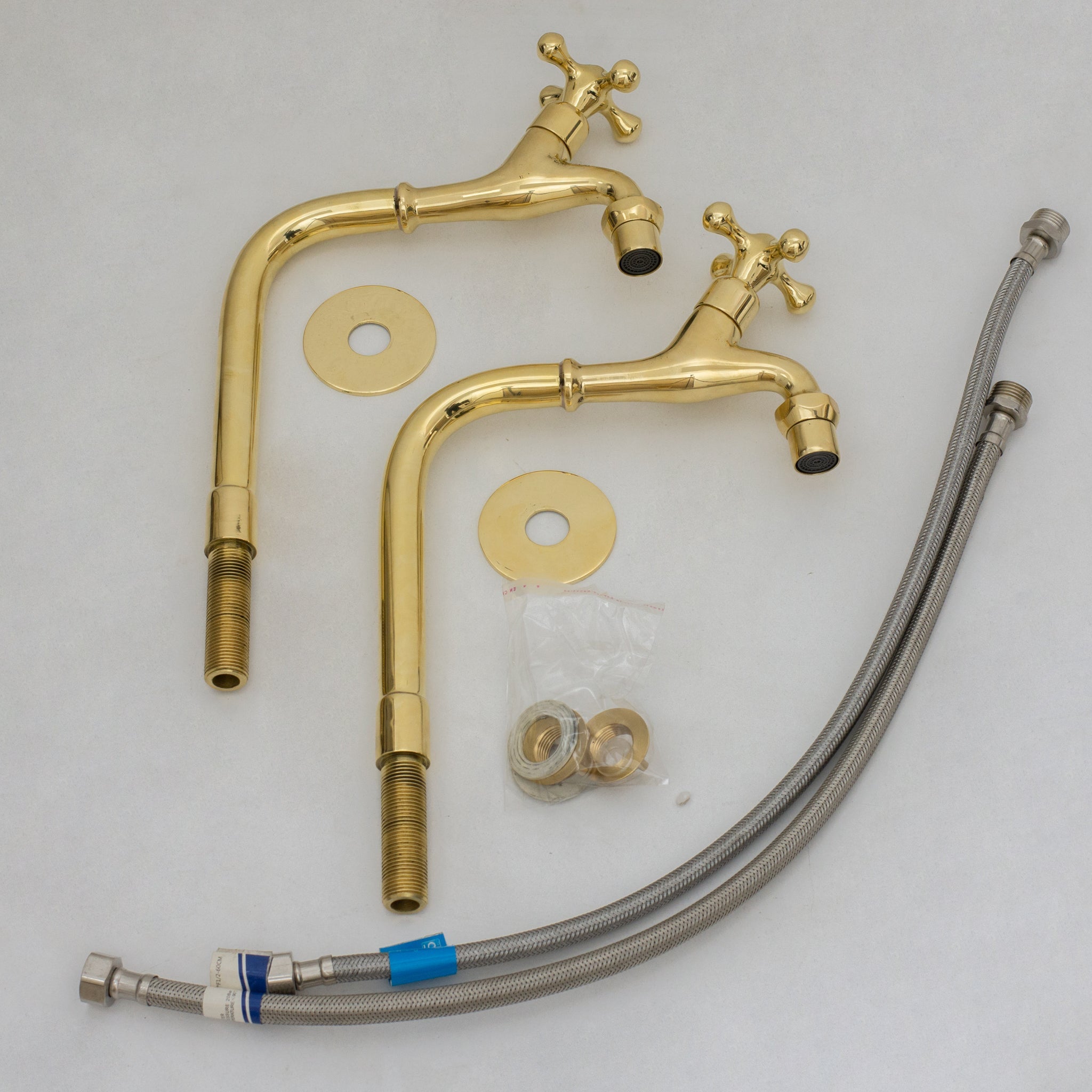 Solid Brass Deck - Mount Kitchen Bib Taps – Double Pillar Faucet Set for Hot & Cold Water - Insideast