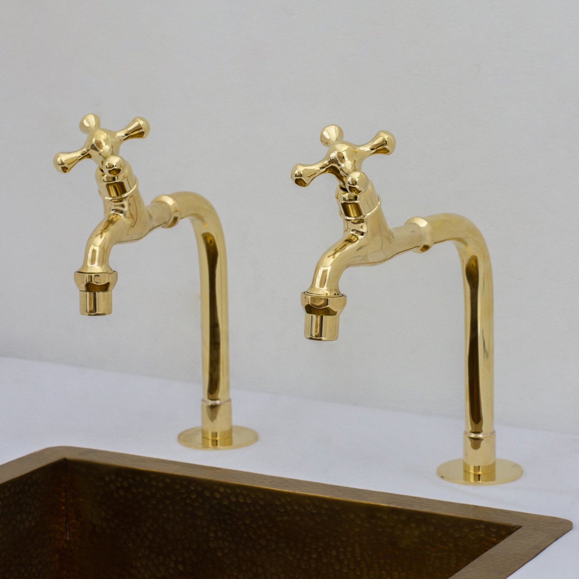 Solid Brass Deck - Mount Kitchen Bib Taps – Double Pillar Faucet Set for Hot & Cold Water - Insideast