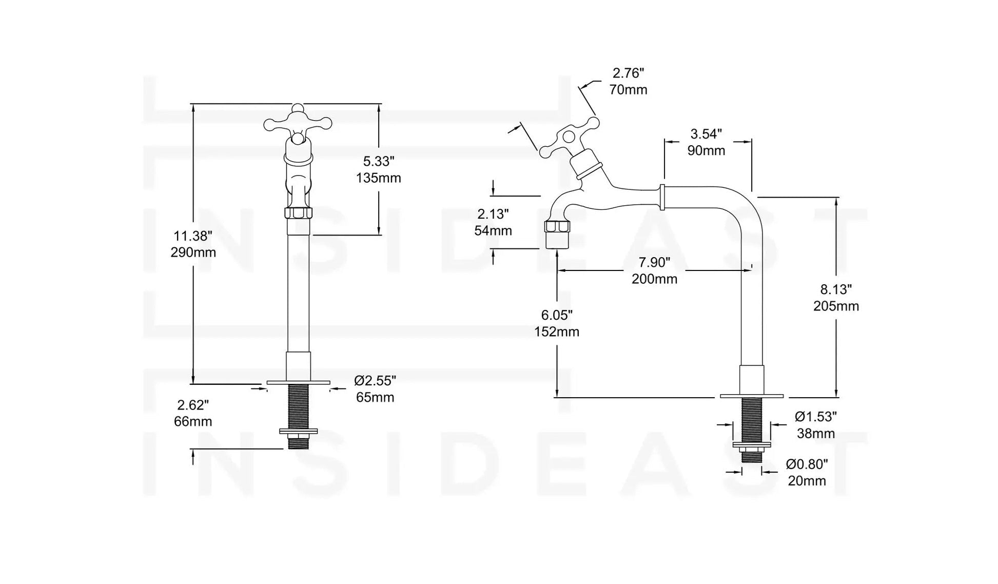 Solid Brass Deck - Mount Kitchen Bib Taps – Double Pillar Faucet Set for Hot & Cold Water - Insideast