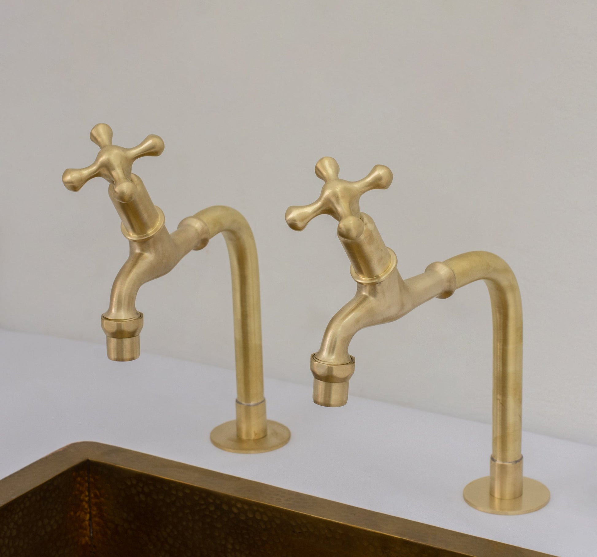 Solid Brass Deck - Mount Kitchen Bib Taps – Double Pillar Faucet Set for Hot & Cold Water - Insideast