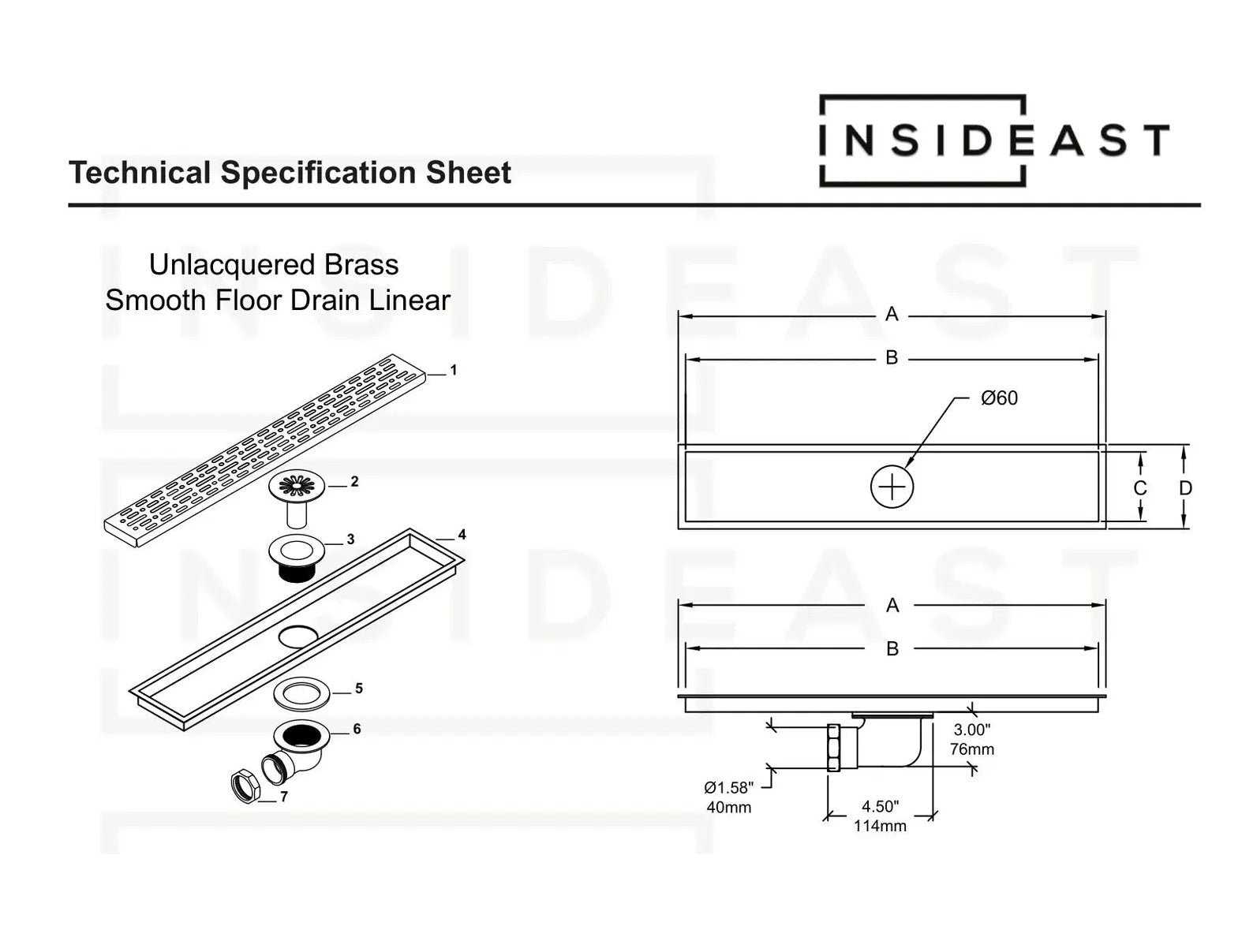 Solid Brass Linear Drain, Shower Floor Drain, Shower Grate drain - Insideast