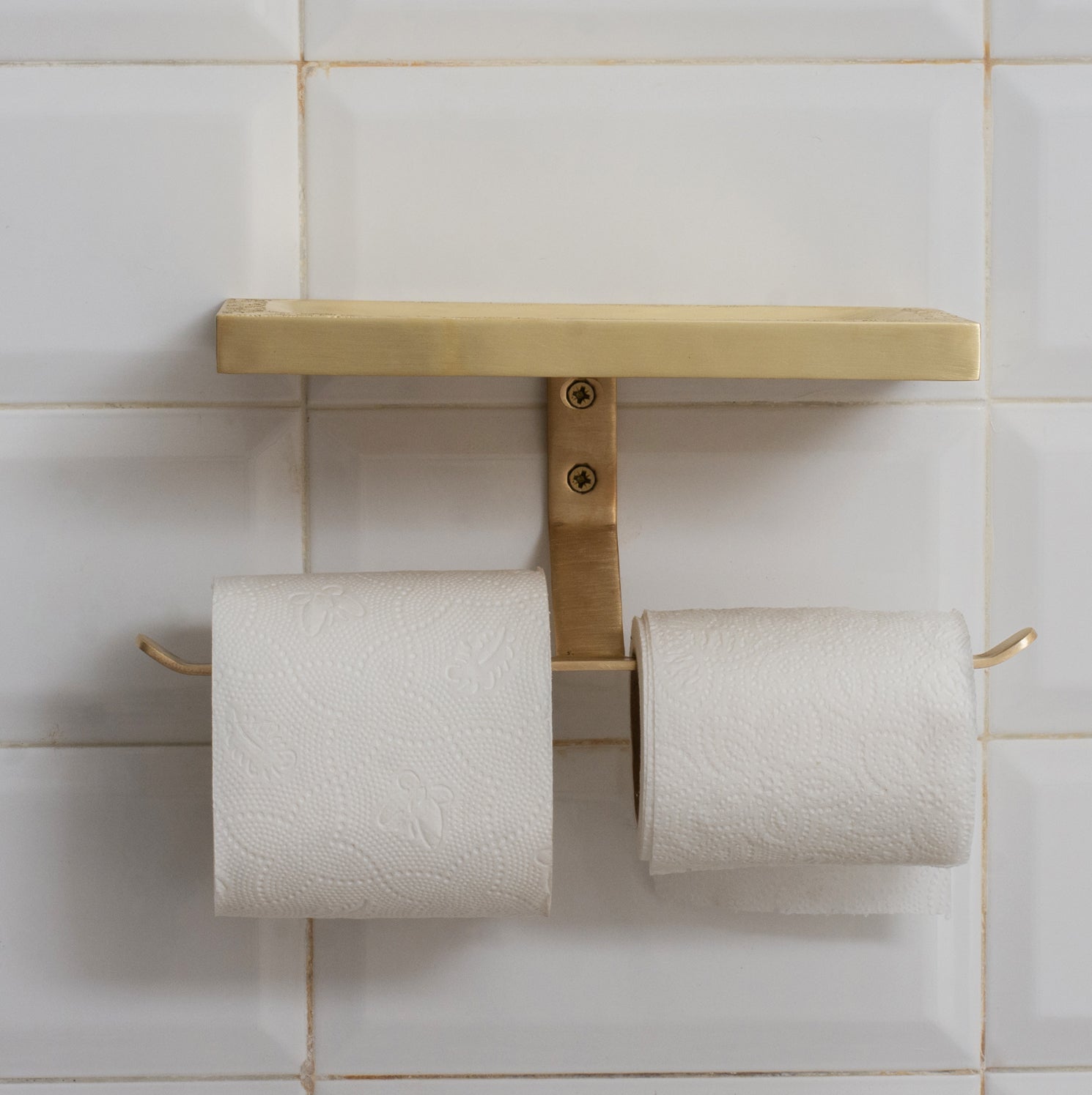 Solid Brass Shelf with TP Holder – Engraved Floating Shelf with Double Hooks – Bathroom Double Toilet Paper Holder - Insideast