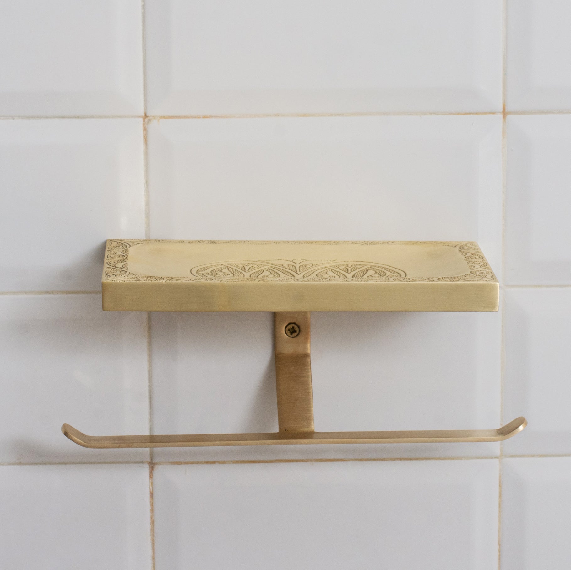 Solid Brass Shelf with TP Holder – Engraved Floating Shelf with Double Hooks – Bathroom Double Toilet Paper Holder - Insideast