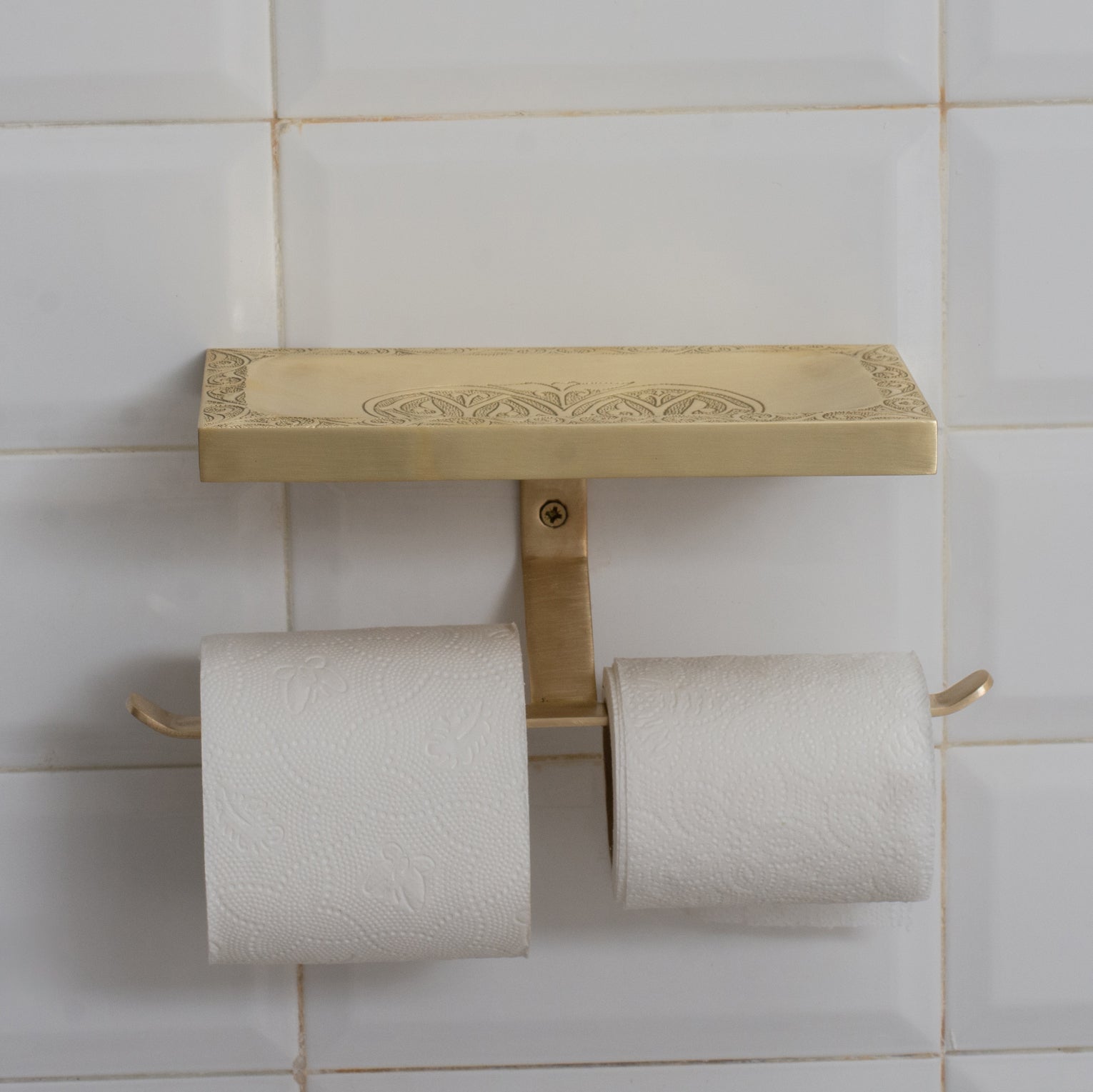 Solid Brass Shelf with TP Holder – Engraved Floating Shelf with Double Hooks – Bathroom Double Toilet Paper Holder - Insideast