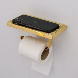 Solid Brass Toilet Paper Holder and Shelf, Handcrafted Powder Room Roll Holder