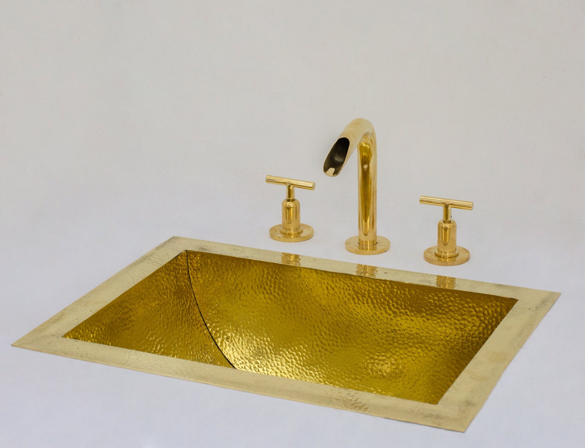 Solid Brass Undermount Bathroom Sink, Hammered Drop - in Vanity Sink With 3 - Hole Waterfall Faucet, Undermount Deep Curved Basin - Insideast