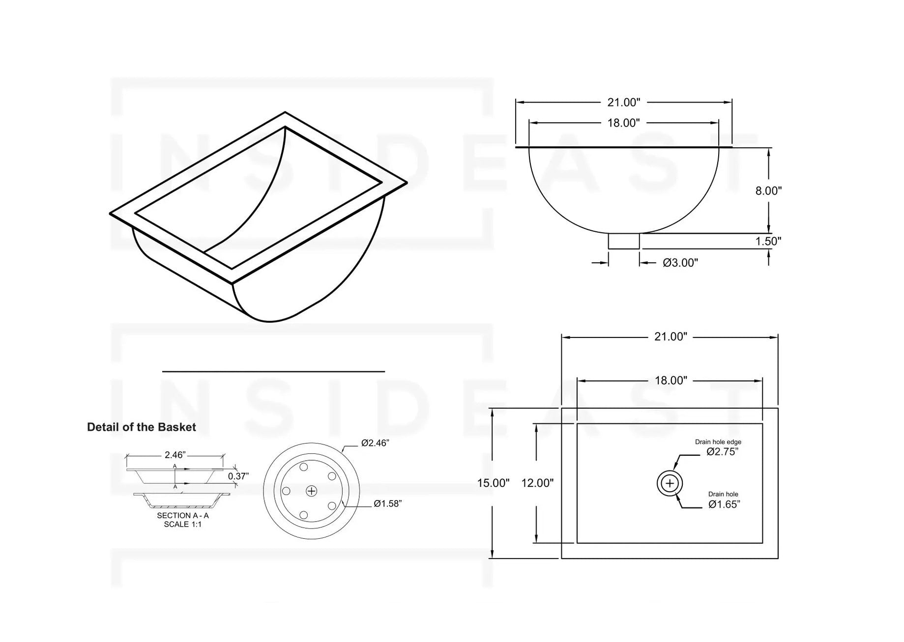 Solid Brass Undermount Bathroom Sink, Hammered Drop - in Vanity Sink With 3 - Hole Waterfall Faucet, Undermount Deep Curved Basin - Insideast